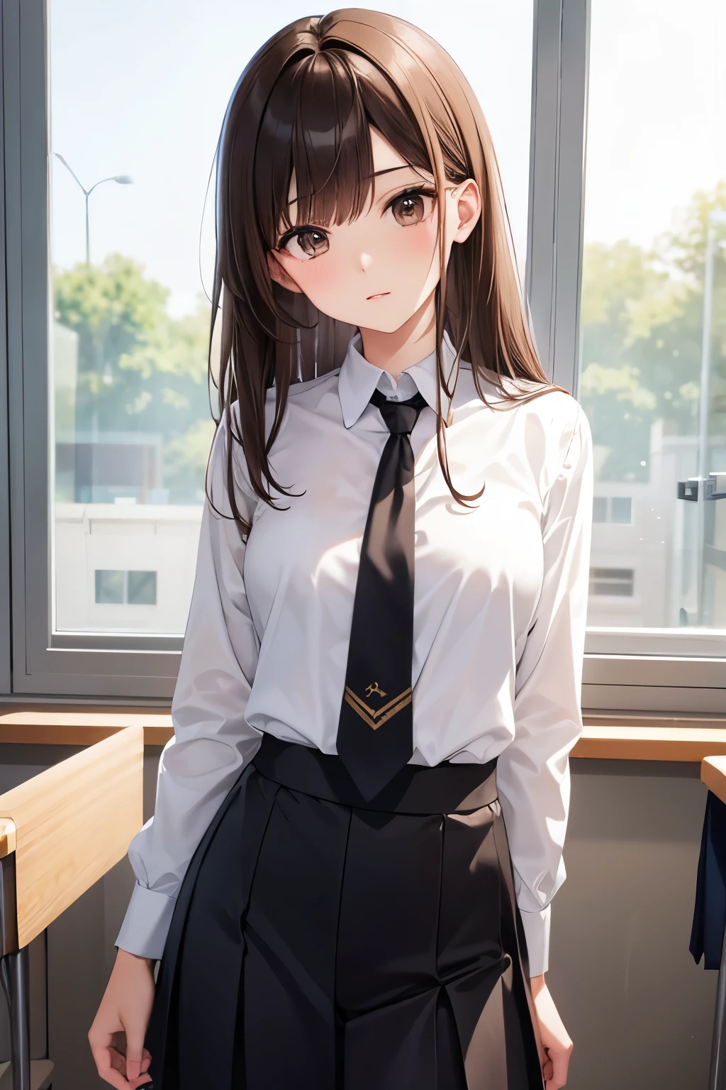 best quality, highres,Slender、brown eyes、tall、brown hair、shortcut,straight hair、School、classroom、uniform、white blouse、22 years old、gray tie
