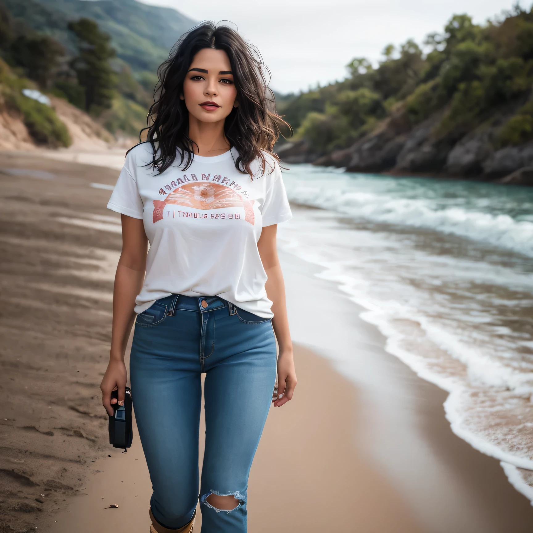 beautiful mature indian college girl, direkt in die Kamera schauen, schwarze Jeans, Red ankle boots with high heels, white T-Shirt, am Strand stehen, FotoRealistisch, Foto, Meisterwerk, Realistisch, Realismus, Foto Realismus, Hoher Kontrast, FotoRealistisch digital art trending on Artstation 8k HD high definition detailliert Realistisch, detailliert, Hauttextur, hyper detailliert, Realistisch Hauttextur, Anker, best quality, ultra high resolution, (FotoRealistisch:1. 4),, high resolution, detailliert, raw Foto, Scharfe Re, by lee jeffries nikon d850 film stock Fotographer 4 kodak portra 400 camera f1.6 lens rich colors hyper Realistisch lifelike texture dramatic lighting unrealengine trending on artstation cinestill 800,