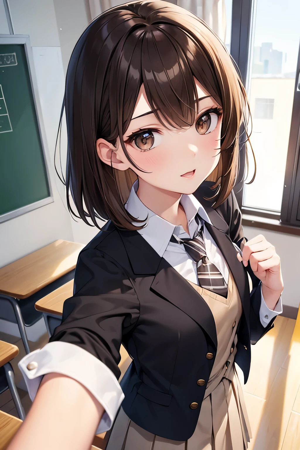 best quality, highres,Slender、brown eyes、tall、brown hair、shortcut,straight hair、School、classroom、uniform、white blouse、22 years old、gray tie