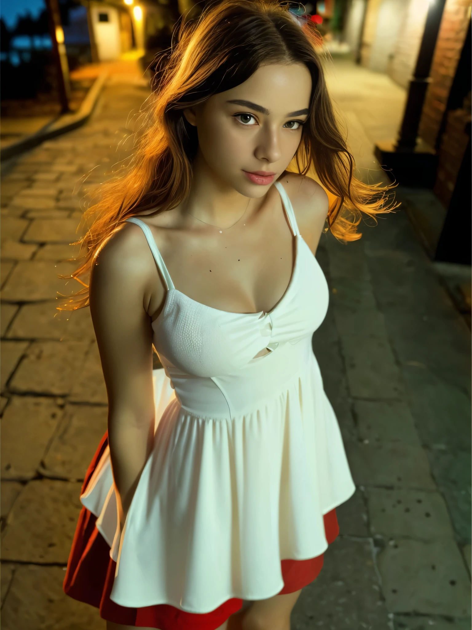 (selfie shot, from above:1.4), (half body postrait:1.4), RAW uhd portrait photo of a 18-year-old blonde (blue-eyed woman) walking down a dark alleyway, natural breasts_b, nighttime city background, ((red sundress): 1.5), (cleavage), detailed (textures!, hair!, shine, color!!, imperfections:1.1), highly detailed glossy eyes, (looking at the camera), specular lighting, dslr, ultra quality, sharp focus, tack sharp, dof, film grain, (centered), Fujifilm XT3, crystal clear, center of frame, cute face, sharp focus, street lamp, neon lights, bokeh, (dimly lit), low key, at night, (night sky)  detailed skin pores, oiled skin, tan, intricate eye detail