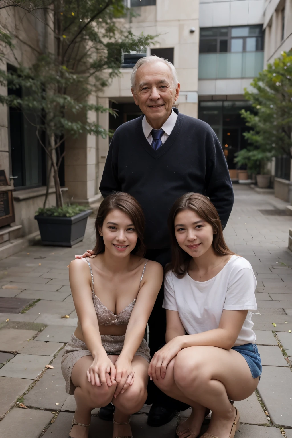 Vision,old gentleman sitting in the courtyard,Smiling,Four sons and two girls surrounded him。