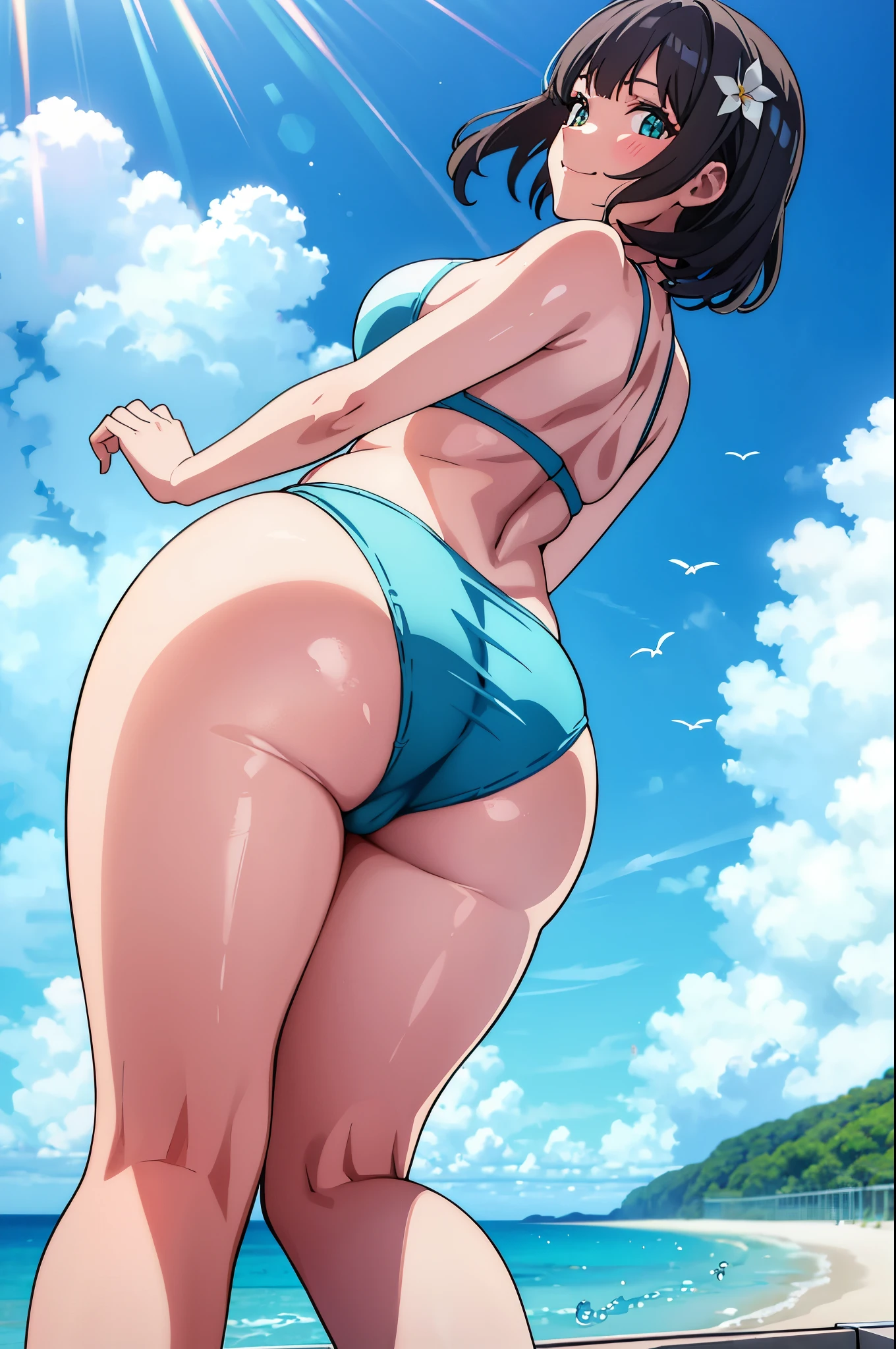 masterpiece,hyper quality,very detailed,perfect picture,alone, wonderful, beautiful, majestic, elegant, Sparkling, Flowers, Birds, Wind and Moon, wonderful, quaint, beautiful girl in one swimsuit, big breasts、side boob、Rear view, Round and cute buttocks, Puni Puni, meat々Shishi ass, butt sticking out pose, B99W66H110, Chubby, Plump, blush, Sweat, sunburned skin, cheeky smile, swimming club,white swimsuit, , blue sky, Cumulonimbus cloud, wonderful sun, Carbonated water, V-shaped swimsuit, competitive swimming pool, Photographed from diagonally below and behind, breast enhancement, See-through, thin fabric swimwear, clear face, masterpiece, hyper quality, very detailed, perfect picture,CG,3D,8k,figure,beautiful face girl,strike_1,