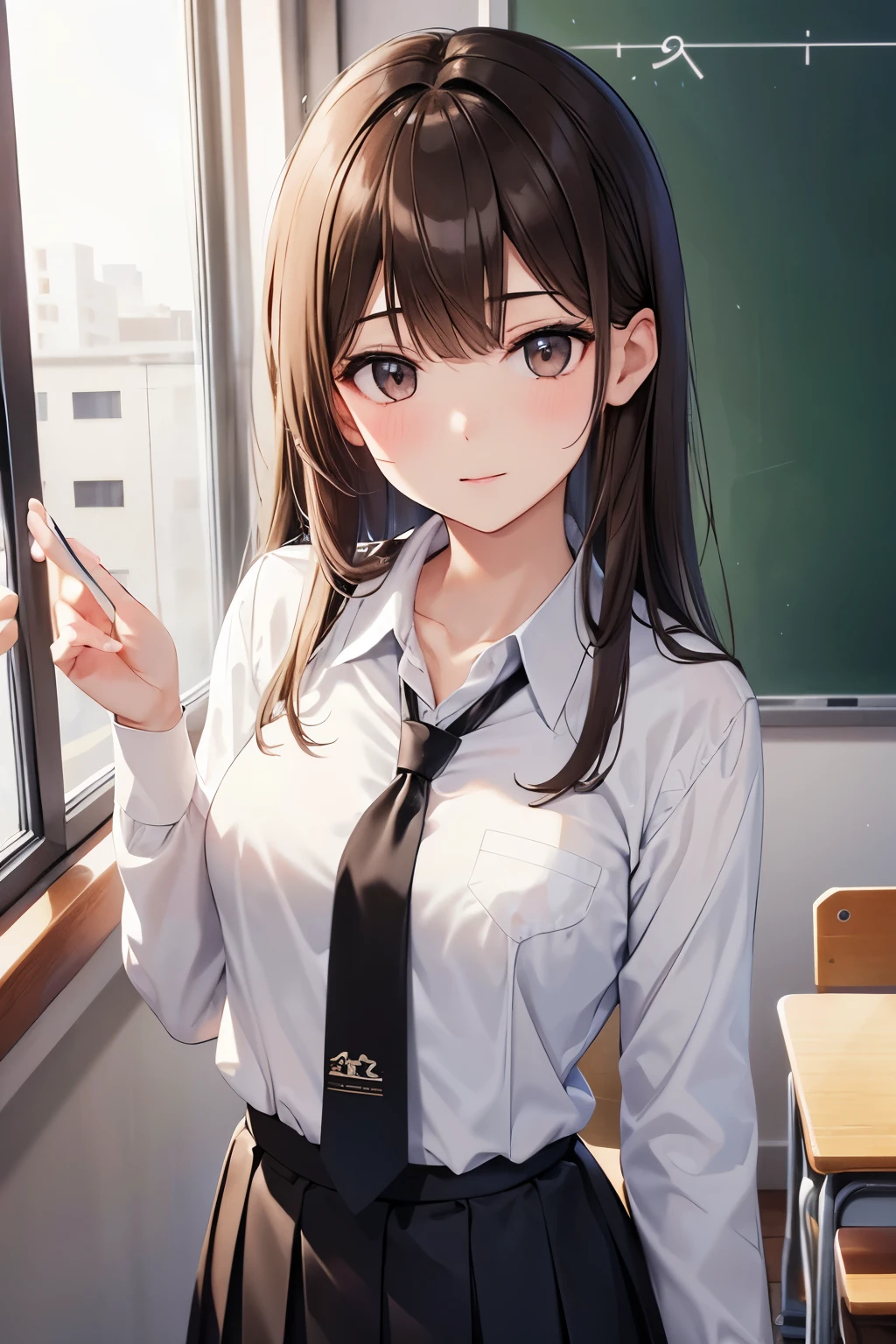 best quality, highres,Slender、brown eyes、tall、brown hair、shortcut,straight hair、School、classroom、uniform、white blouse、22 years old、gray tie