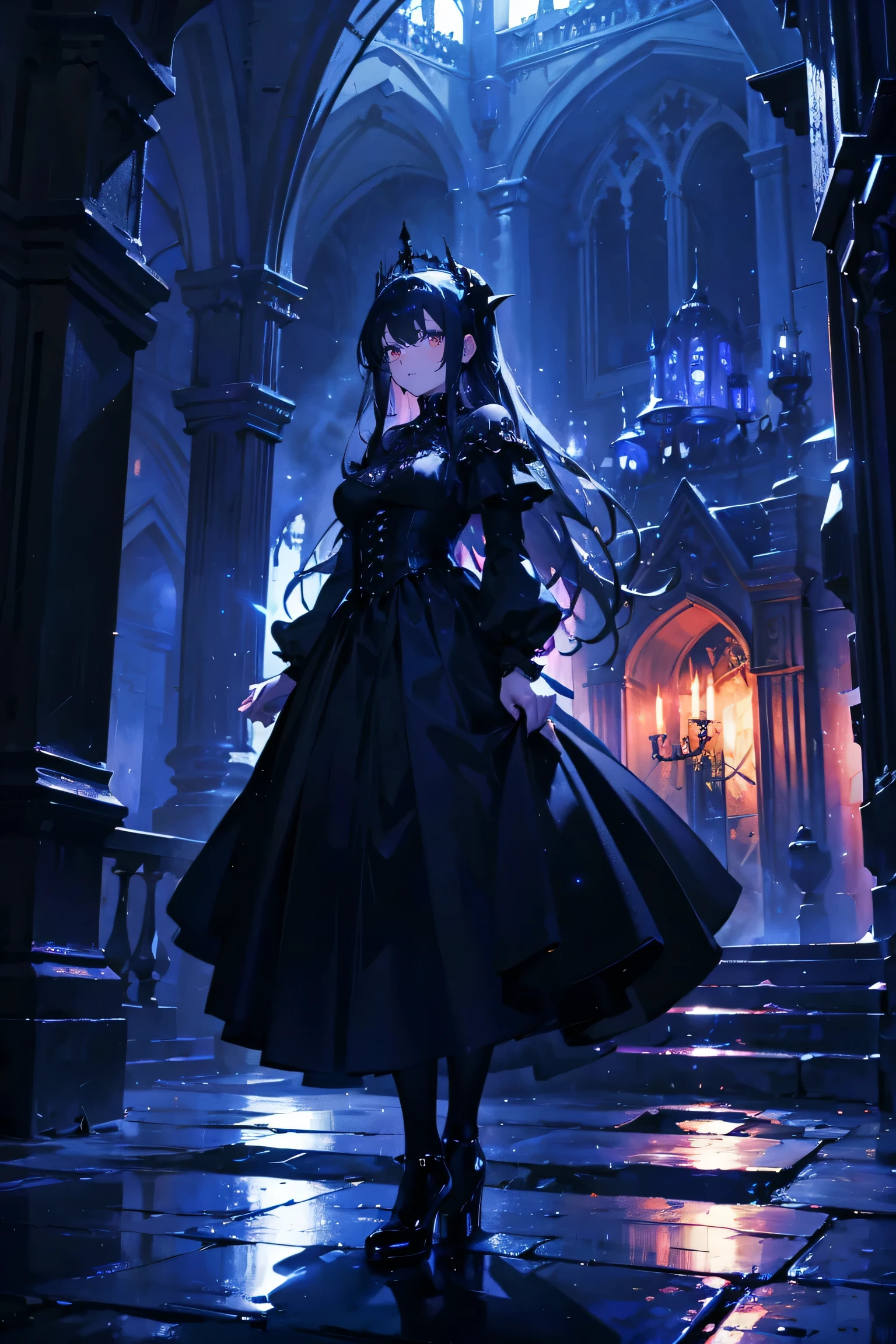 oil art,goth castle,goth vampire queen,standing in front of the goth castle,outside is night sparkles,more sparkles,hd formal, fancy, ,simple background,black envoirment