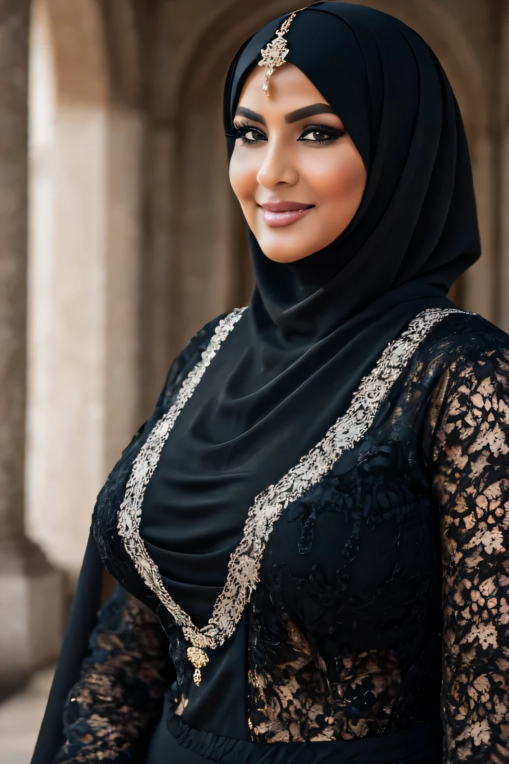 moda gorda, a beautiful 60 year old Arab woman, curvy body, usando um hijab preto, usando um niaq PRETO, usando burca, Realista, Gordinho, intricado, hyper Realista, 8K, intricadoly detailed, cinematic, stunning Realista photography, rosto perfeitamente detalhado, altamente detalhado, vibrante, pele natural, Textura de pele real, octane rendering, cabelo branco, neckless, pulseiras, lindo atemporal, linda coxa, USANDO BLUSA DE RENDA PRETA, sorridente, Vista lateral, 