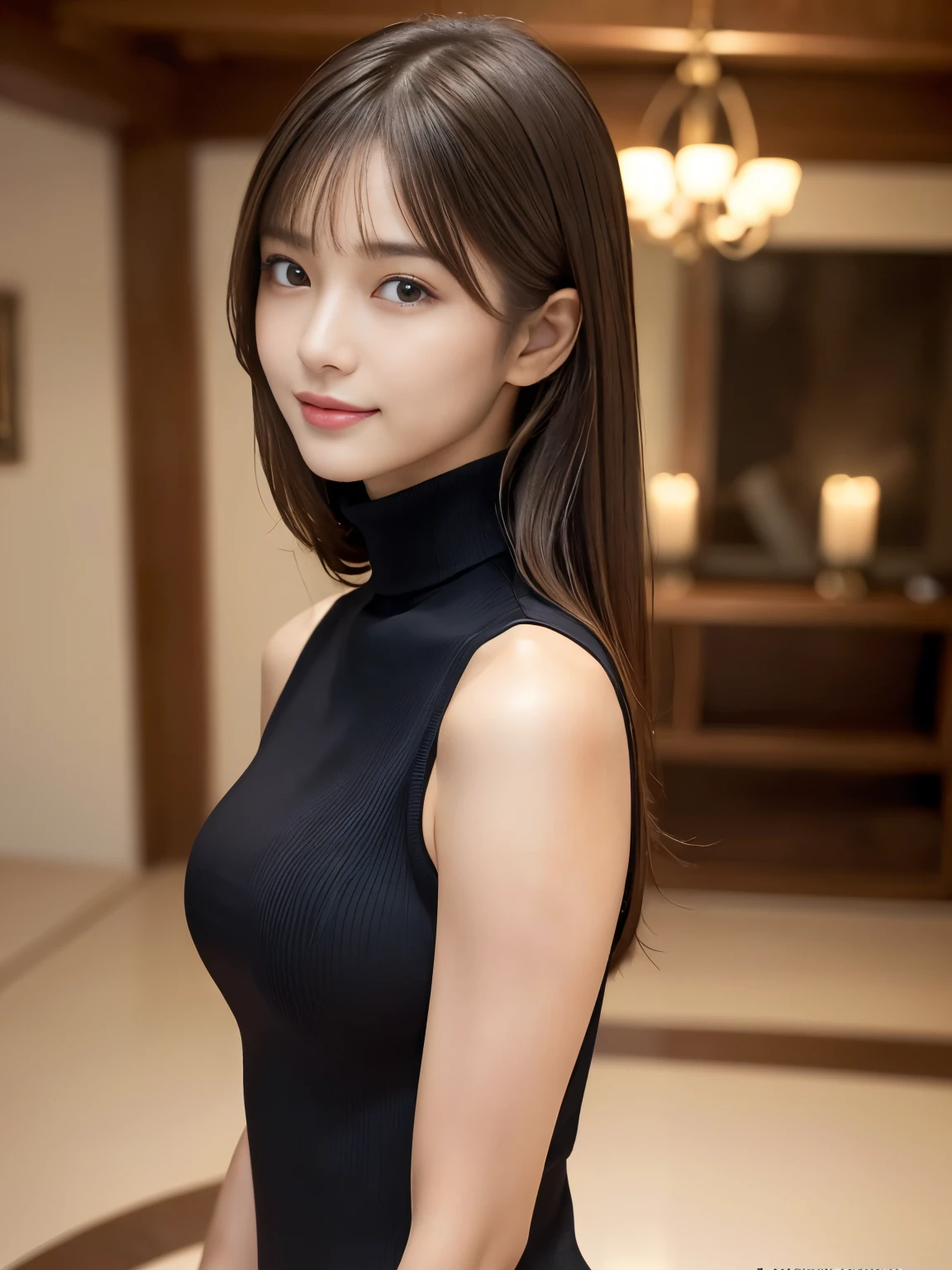 (Detailed Skin:1.2),(Glossy Skin:1.1), 8k, Top Quality, Masterpiece, Ultra High Resolution, (Photorealistic:1.4), RAW Photo, (Soft Saturation:1.3), (fair skin:1.2), 1 Japanese Idol, 19 years old, Detailed Face, Perfect Female Body, Medium hair, Messy hair, asymmetrical bangs, Light brown hair, Very detailed face, Very detailed lips, Detailed eyes, Double eyelids bottom, smile,Full body shot, slender and stylish figures with beautiful facial features., sexy black outfits, (turtleneck, sleeveless one piece:1.2), charismatic and visually captivating, sharp focus: 1.2, beautiful woman with perfect figure: 1.4、Slender Abs:1.2、Highly detailed face and skin texture, indoor