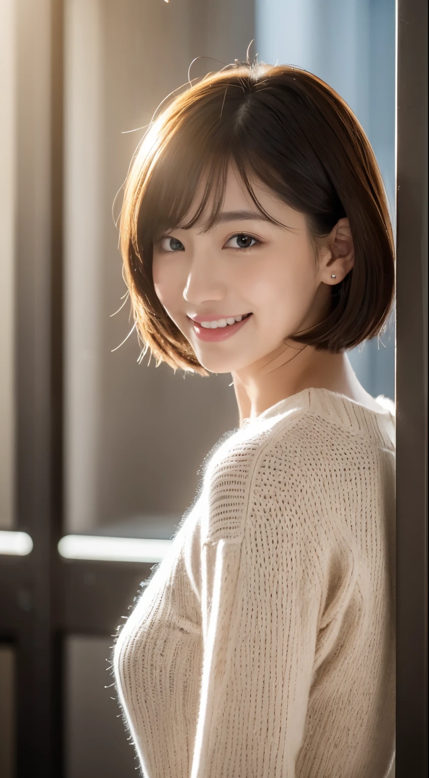 masterpiece, highest quality, official art, Highly detailed CG Unity 8k wallpaper, single girl, ultra high resolution, (realistic: 1.4), golden hour lighting, sweater dress, (Upper body), (K-POPアイドル), (attractive: 1), (platinum short hair: 0.8), ((puffy eyes)), looking at the viewer, facing forward, smile, laughter,Medium chest, shirt lift, gloves,short hair,