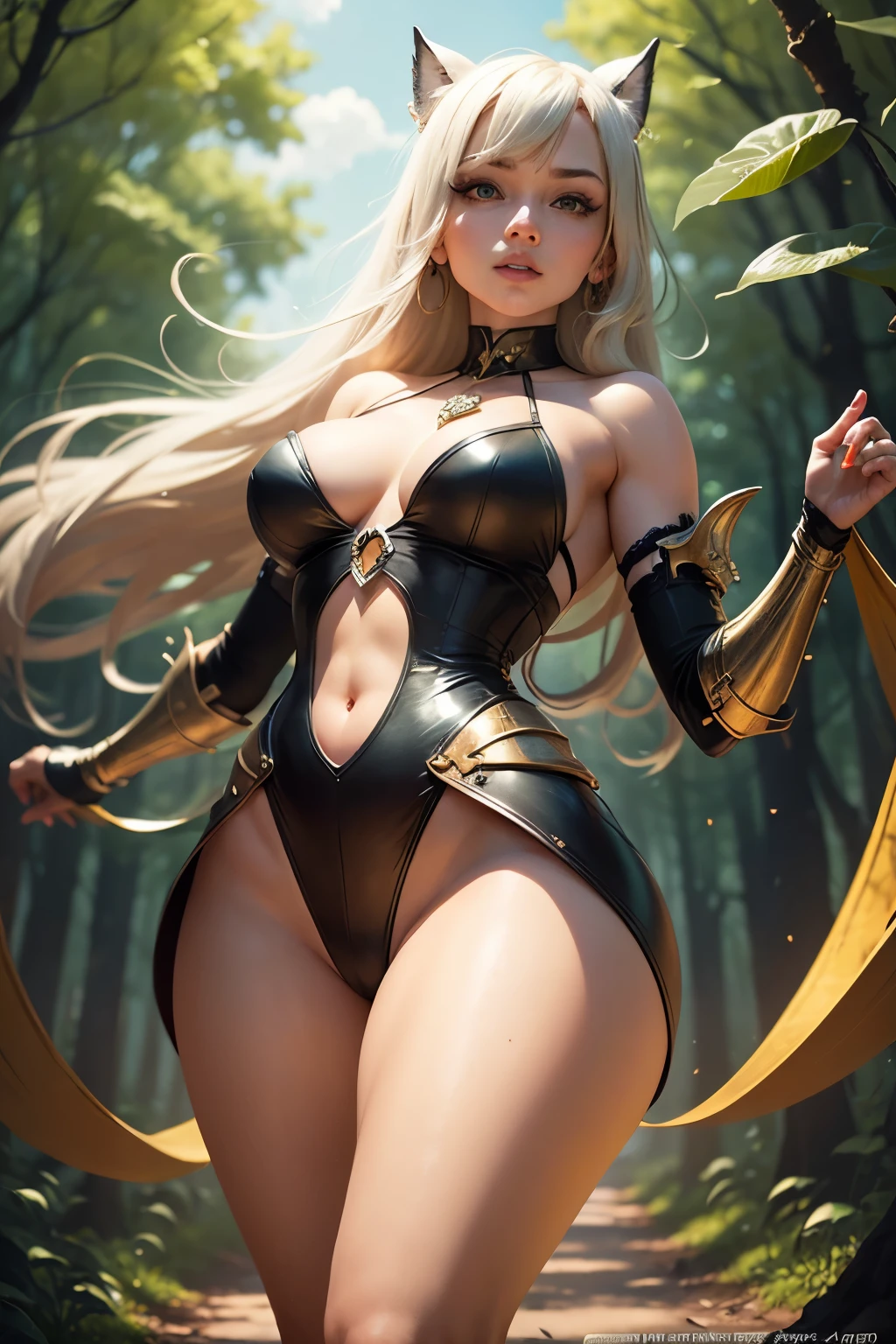 In intriguing perspectives, a slender woman with ample bosom and wide hips is depicted, her narrow waist contrasting her generous curves. She dons an alluring, sleek armor, its details meticulously rendered, and leaps gracefully into the air, defying gravity. Her eyes, filled with determination, stare boldly ahead, a vibrant background of a lush forest teeming with life peeking from behind.