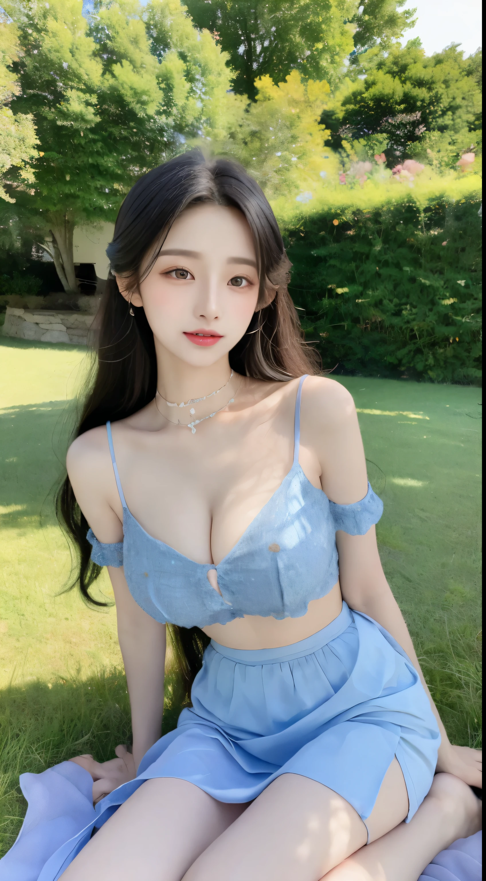 (1 beautiful and cute girl), full-body shot，extremely beautiful and exquisite，black hair，sweet smile，Beautifully, beautiful fair skin，（Exquisite and complete facial features，Detailed depiction of face），high nose bridge，smooth hair，forward inclination angle，Ultimate picture quality,highest precision。Blue sky and white clouds，sit on the grass，Sunlight，cattle and sheep，（Transparent chiffon skirt)clear and definite，（（Telephoto shooting））Express the landscape，obvious