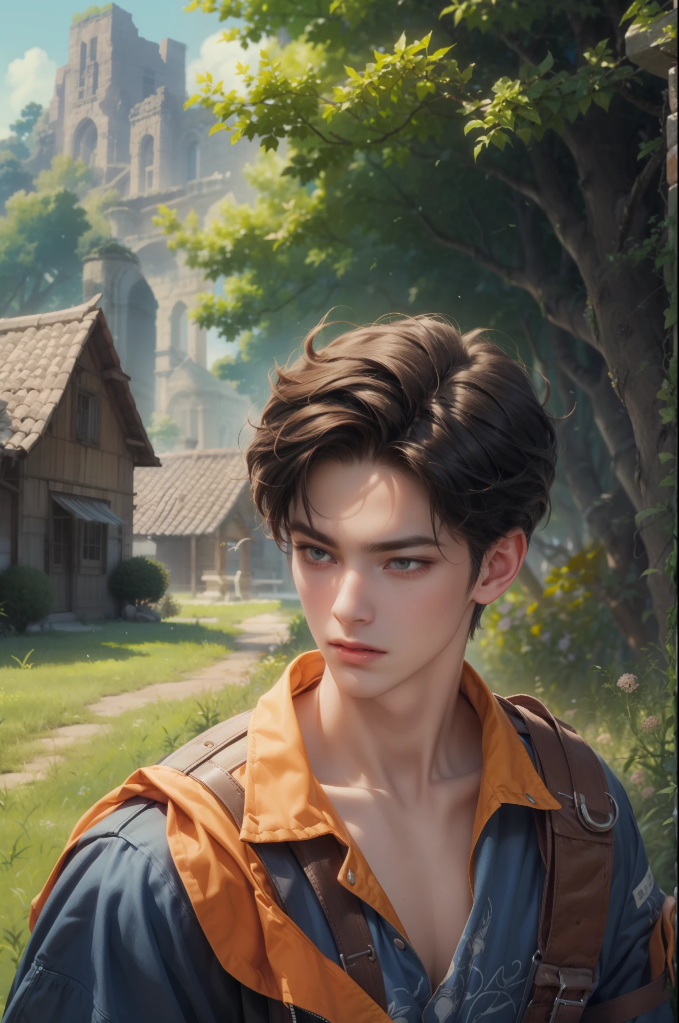 High resolution masterpiece best quality portrait close-up, handsome boy, perfect face, short hair, detailed outfit, detailed background scenery