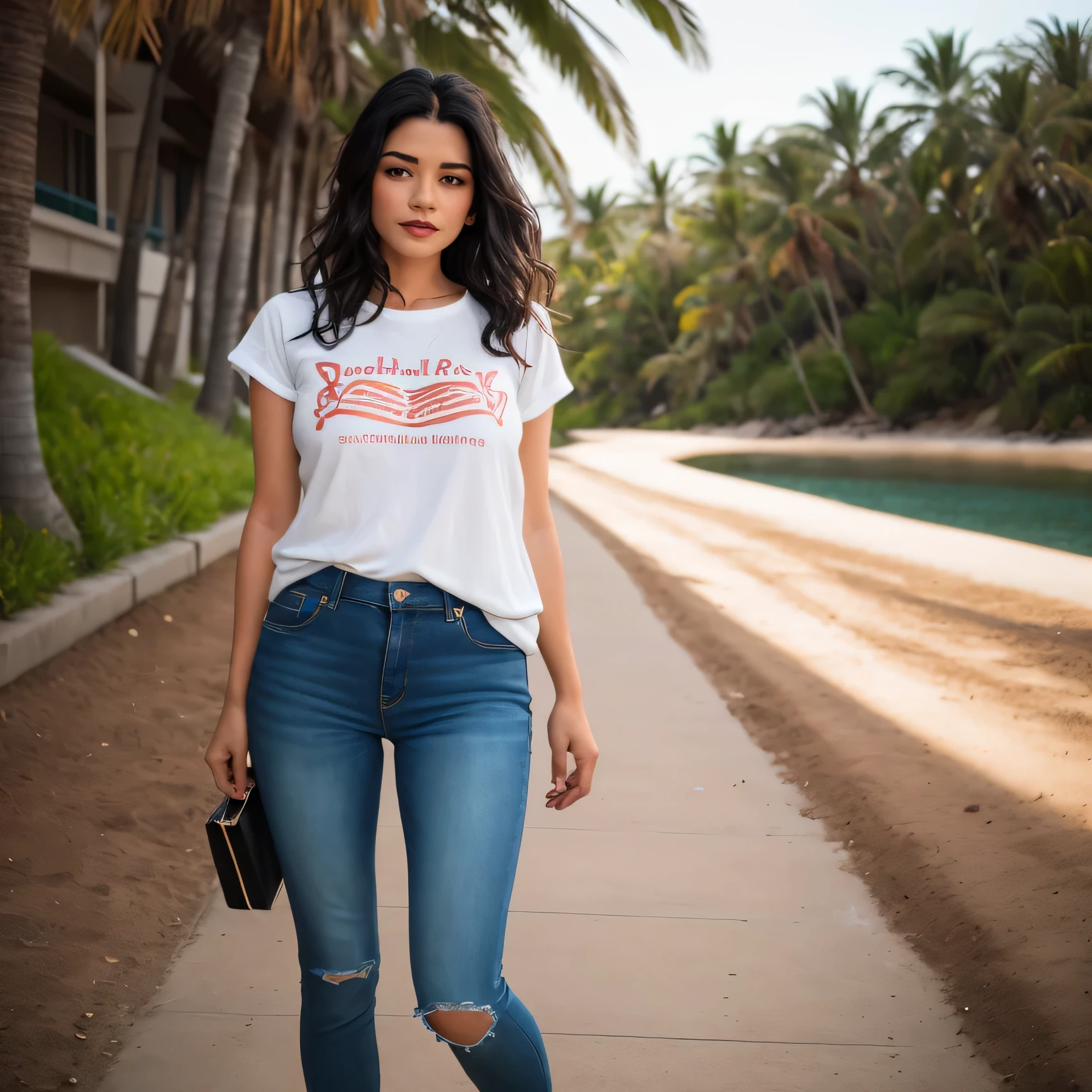 beautiful mature indian college girl, direkt in die Kamera schauen, schwarze Jeans, Red ankle boots with high heels, white T-Shirt, Stehend am Strand mit Palmen, FotoRealistisch, Foto, Meisterwerk, Realistisch, Realismus, FotoRealismus, Hoher Kontrast, FotoRealistisch digital art trending on Artstation 8k HD high definition detailliert Realistisch, detailliert, Hauttextur, hyper detailliert, Realistisch Hauttextur, Anker, best quality, ultra high resolution, (PhotoRealistisch:1. 4),, high resolution, detailliert, raw Foto, Scharfe Re, by lee jeffries nikon d850 film stock Fotographer 4 kodak portra 400 camera f1.6 lens rich colors hyper Realistisch lifelike texture dramatic lighting unrealengine trending on artstation cinestill 800,