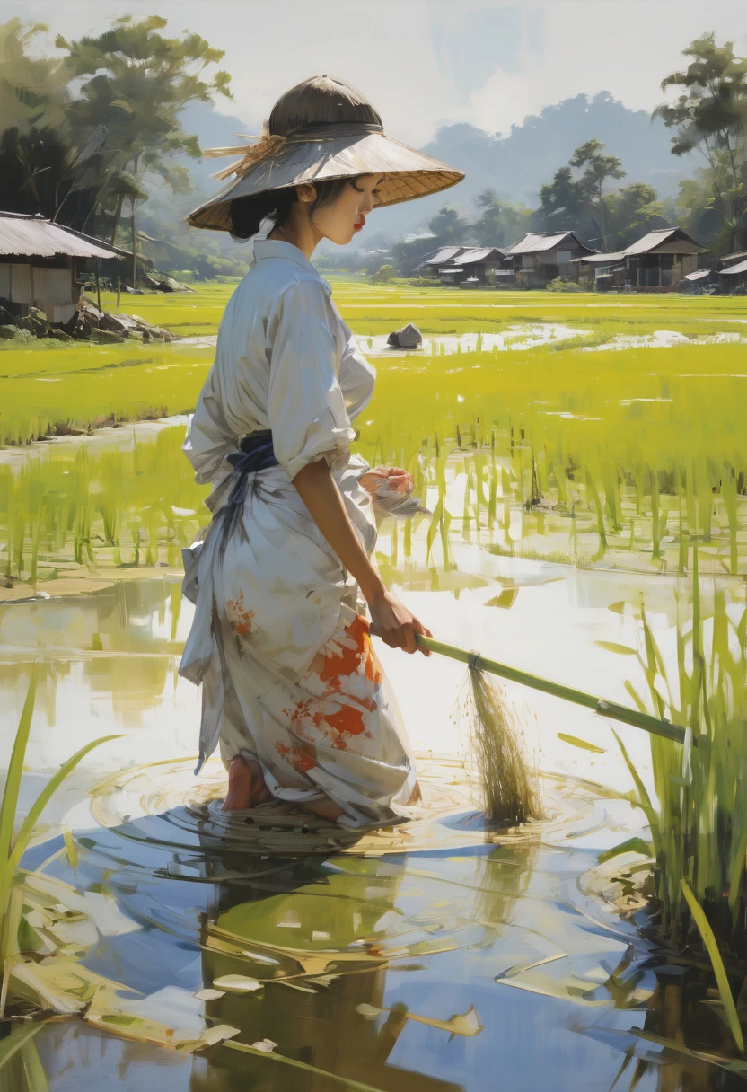 girl in rice paddy, by David Downton, best quality, masterpiece, Representative work, official art, Professional, Ultra intricate detailed, 8k