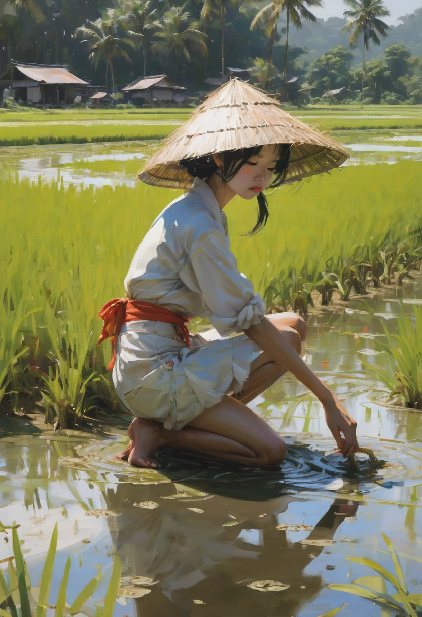 Thai Girl, Pretty, kawaii, Fair-skinned, Nude, rice is being planted, In the middle of a rice field