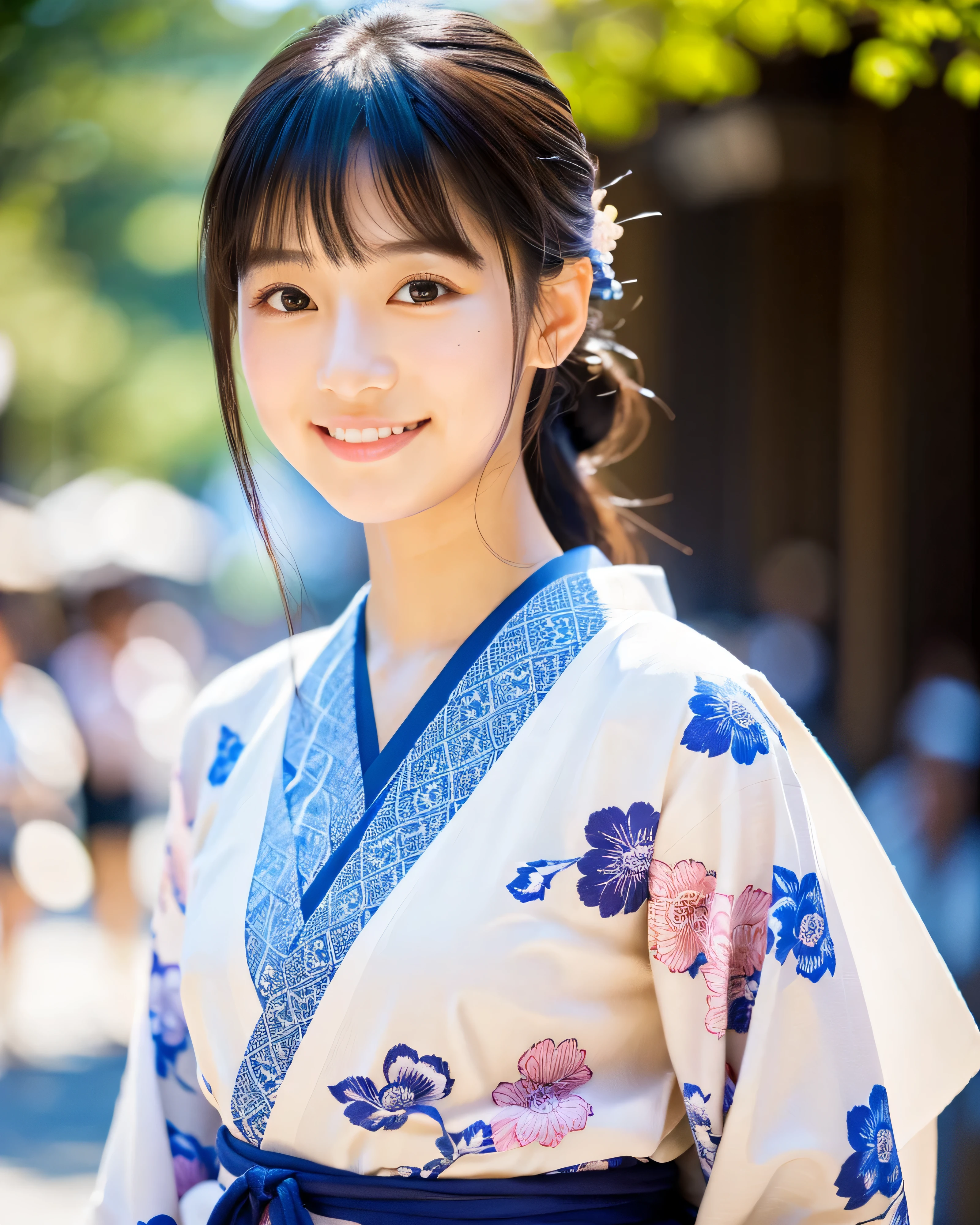 (highest quality, 8k, High resolution, masterpiece:1.2), beautiful japanese girl, , glossy black hair, ponytail, asymmetrical bangs, big eyes like sapphires, High resolutionの潤んだ瞳, smooth soft skin, pale pink lips, natural makeup, gentle smile, white kimono, traditional Japanese Yukata, (whole body:1.3), sunlight, Traditional streets of Japan, Walk with soft-serve ice cream, fair, blue sky, professional lighting, professional photographer