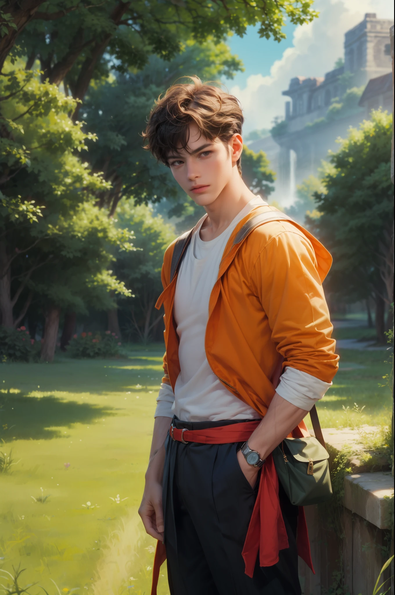 High resolution masterpiece best quality portrait close-up, handsome boy, perfect face, short hair, detailed outfit, detailed background scenery