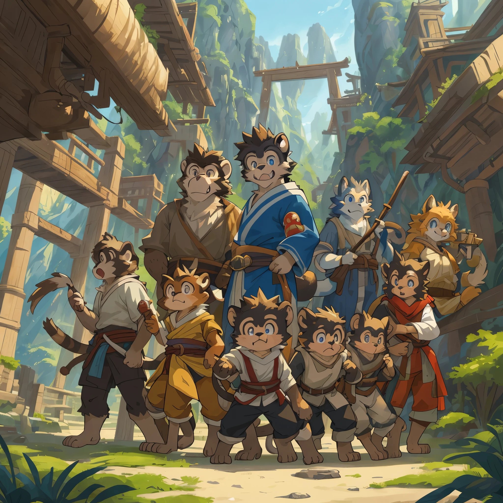 dynamic angle, top quality, best quality, High-quality illustrations, masterpiece, super high resolution, detailed background, detailed background, Monkey A Journey to the West, action, group shot:0.1, 6+boys, 6+girls, absurdres(highly detailed beautiful face and eyes)perfect anatomy, expression, good lighting, cinematic shadow(kemono, furry anthro),