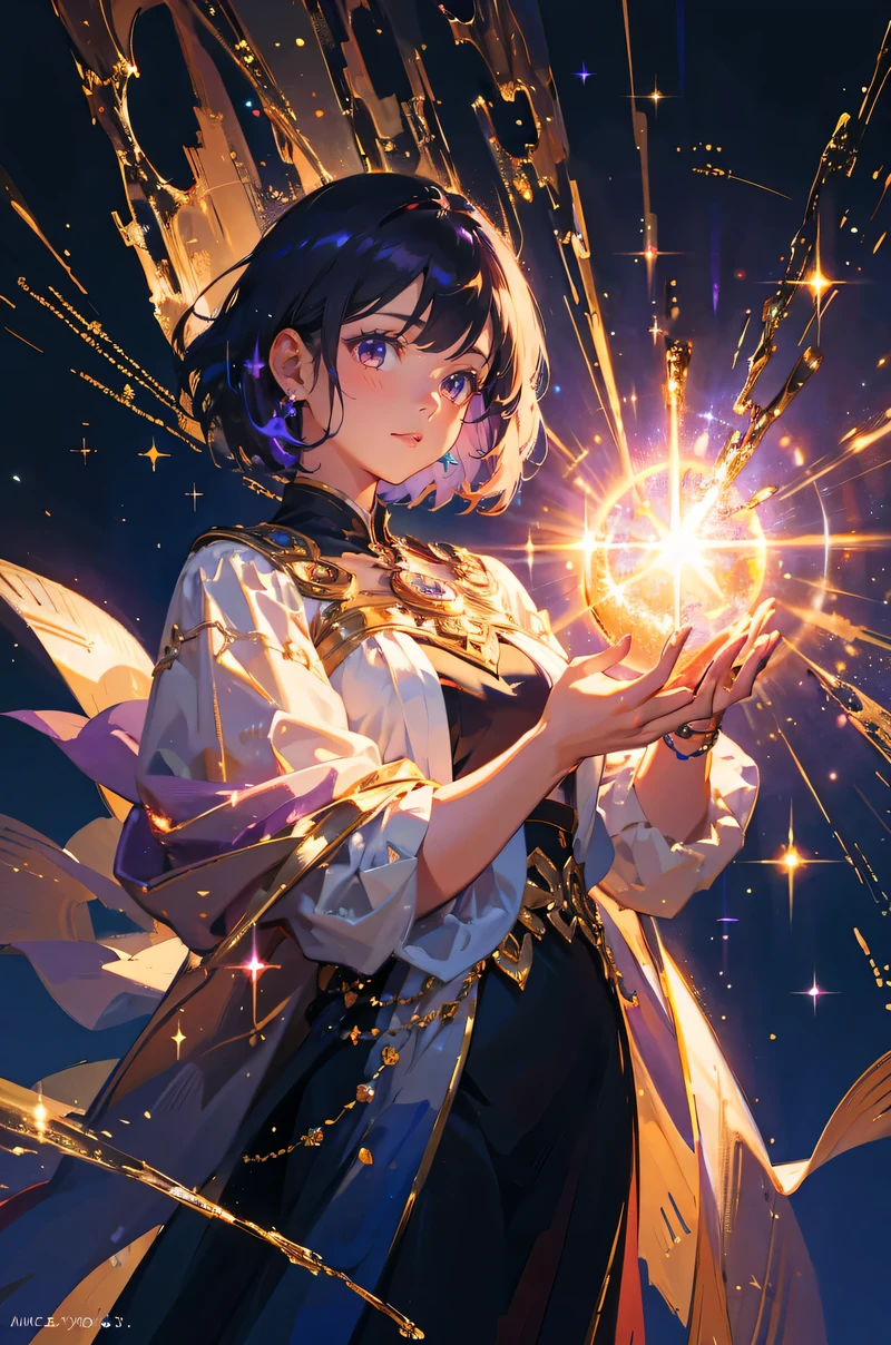 oil art,godess holding the universe in her hands,looking to the camera,sparkles,more sparkles,hd formal, fancy, ,simple background,black envoirment,short purple hair