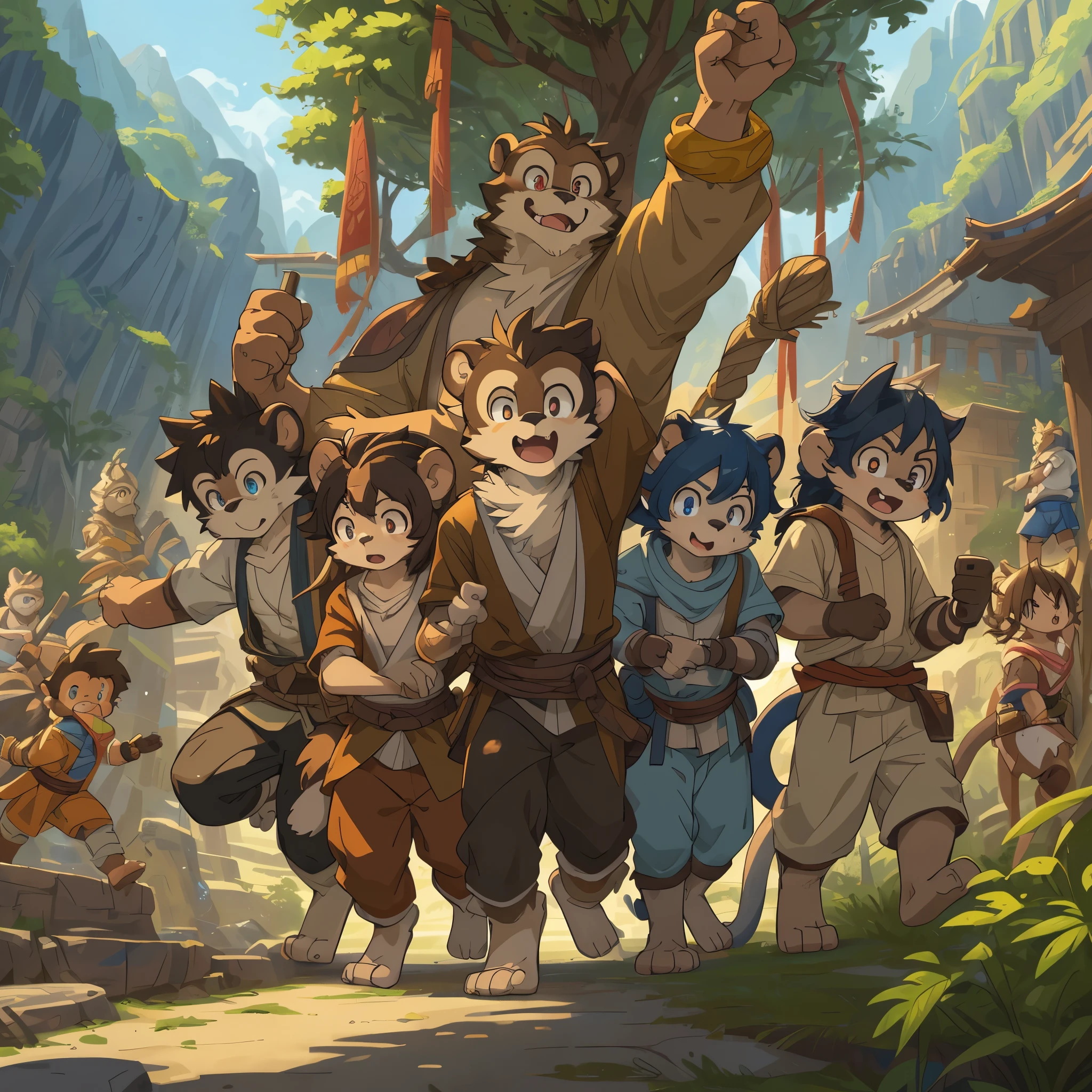 dynamic angle, top quality, best quality, High-quality illustrations, masterpiece, super high resolution, detailed background, detailed background, Monkey A Journey to the West, action, group shot:0.1, 6+boys, 6+girls, absurdres(highly detailed beautiful face and eyes)perfect anatomy, expression, good lighting, cinematic shadow(kemono, furry anthro),