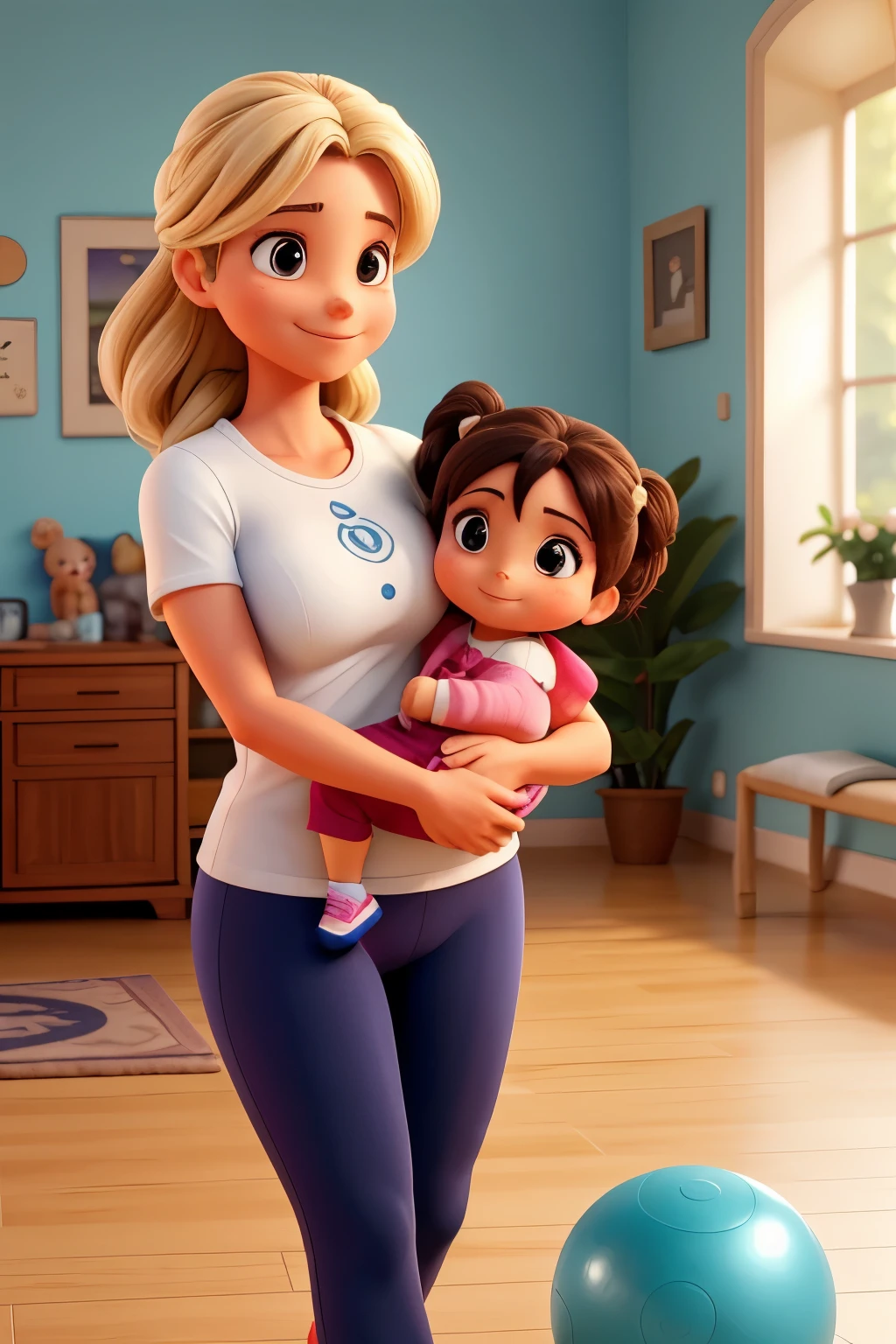 Imagine, a 36-year-old caring mother, dedicando um precioso momento de autocuidado em casa. Com seus cabelos loiros brilhando, She wears a comfortable and stylish workout outfit, highlighting her balanced attitude between being a mother and taking care of herself. Numa sala iluminada por luz natural. perform an exercise routine, demonstrating not only their dedication to health, but also your ability to balance the demands of motherhood with self-care. Every movement is executed with grace and determination, demonstrating your physical and mental strength. Even while exercising, keep a calm smile, demonstrating the satisfaction she finds in taking a moment to care for herself. This image is a testament to her ability to nurture both her family and herself, revealing a woman who finds balance and vitality in every aspect of life. Face
