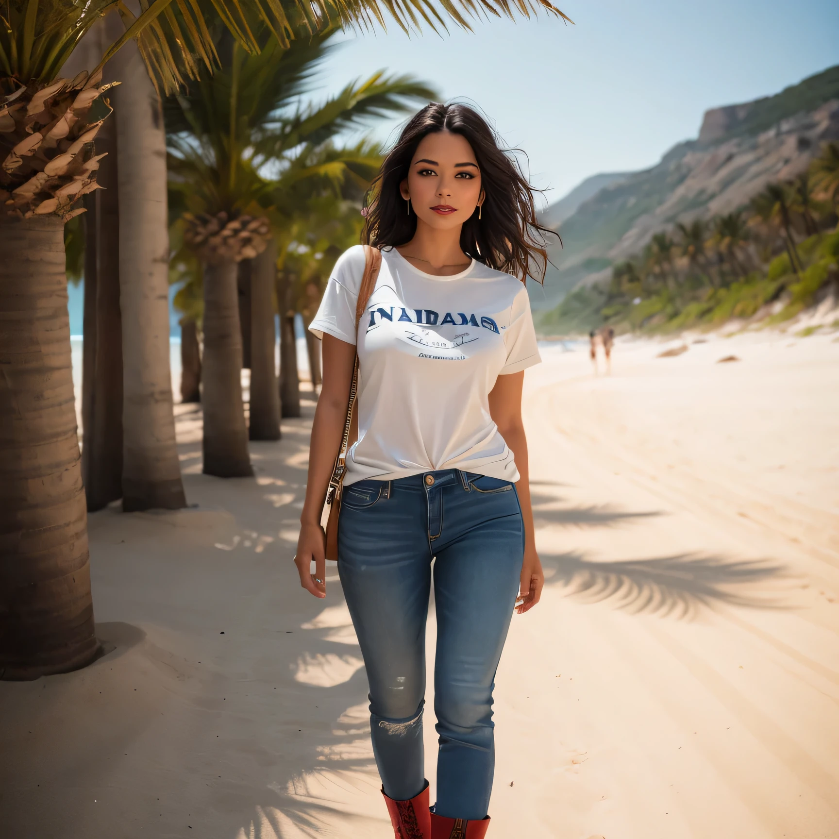 beautiful mature indian college girl, direkt in die Kamera schauen, schwarze Jeans, Red ankle boots with high heels, white T-Shirt, Stehend am Strand mit Palmen, FotoRealistisch, Foto, Meisterwerk, Realistisch, Realismus, FotoRealismus, Hoher Kontrast, FotoRealistisch digital art trending on Artstation 8k HD high definition detailliert Realistisch, detailliert, Hauttextur, hyper detailliert, Realistisch Hauttextur, Anker, best quality, ultra high resolution, (PhotoRealistisch:1. 4),, high resolution, detailliert, raw Foto, Scharfe Re, by lee jeffries nikon d850 film stock Fotographer 4 kodak portra 400 camera f1.6 lens rich colors hyper Realistisch lifelike texture dramatic lighting unrealengine trending on artstation cinestill 800,