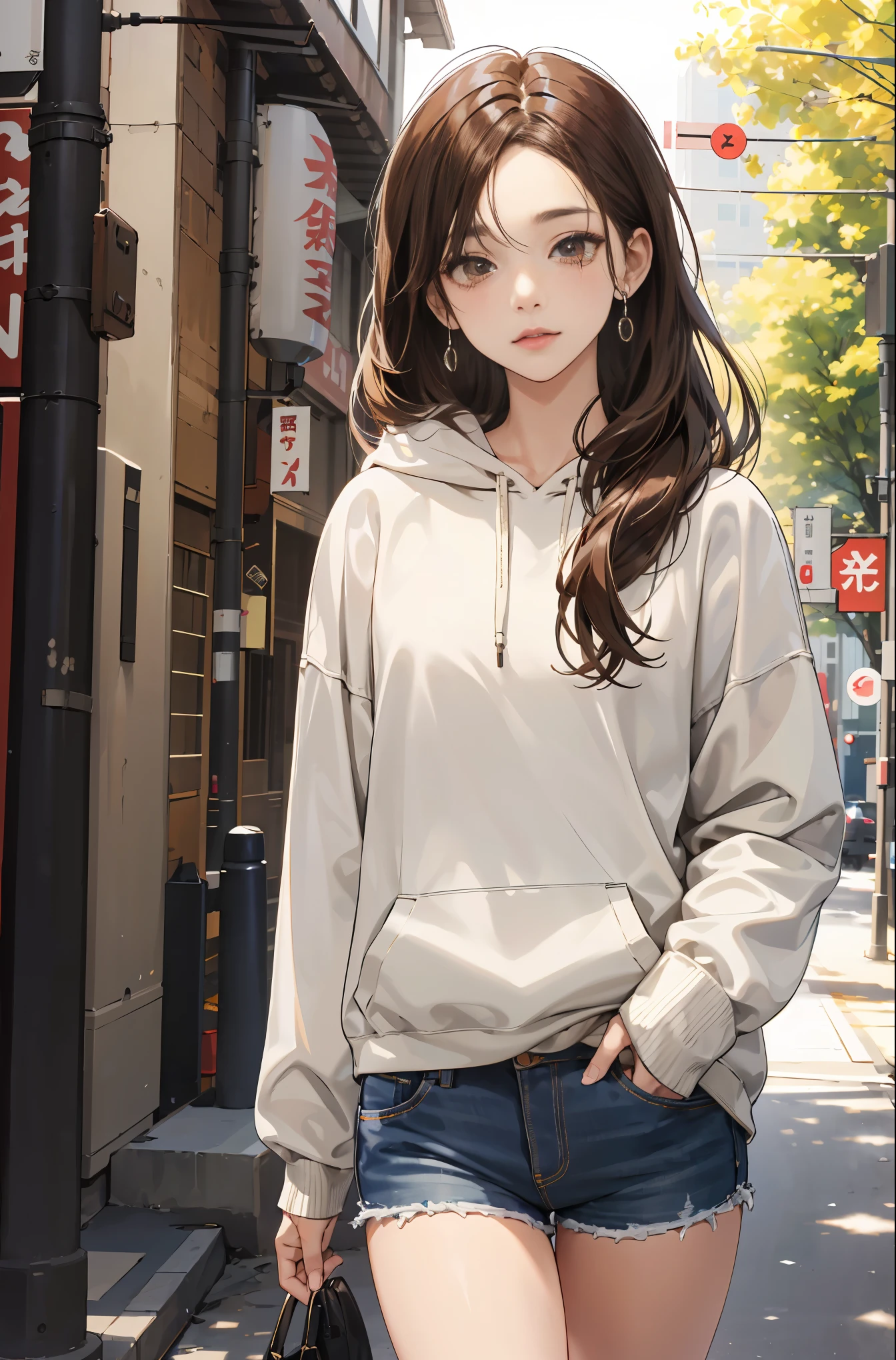 (absurdres, highres, ultra detailed,masterpiece,best Quality,extremely beautiful detailed anime face and eyes, Perfect Anatomy),cowboy shot,20-year-old、Beauty,solo, brown hair,center parted bangs,long_Hair,brown eyes,slender body,very small head、medium breasts,gleaming skin,oily skin,standing,pullover hoodie,denim micro shorts、bustling street、Tokyo、natural sunlight、