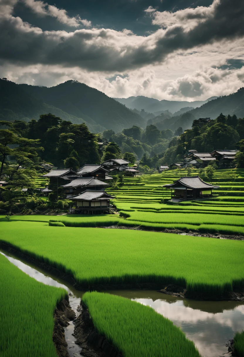 📷 A stunning panoramic view of a vibrant green rice paddy in rural Japan, medium: hyper-realistic photography, style: capturing the tranquil beauty of the Japanese countryside, lighting: soft natural light with clouds overhead, colors: lush greens contrasted with browns, composition: shot with a Fujifilm GFX 100S, GF 32-mm f/4 R LM WR lens, resolution 100 megapixels, ISO 100, f/11 aperture, shutter speed 1/125s. The rice paddy stretches endlessly with mountains in the distance, aesthetic