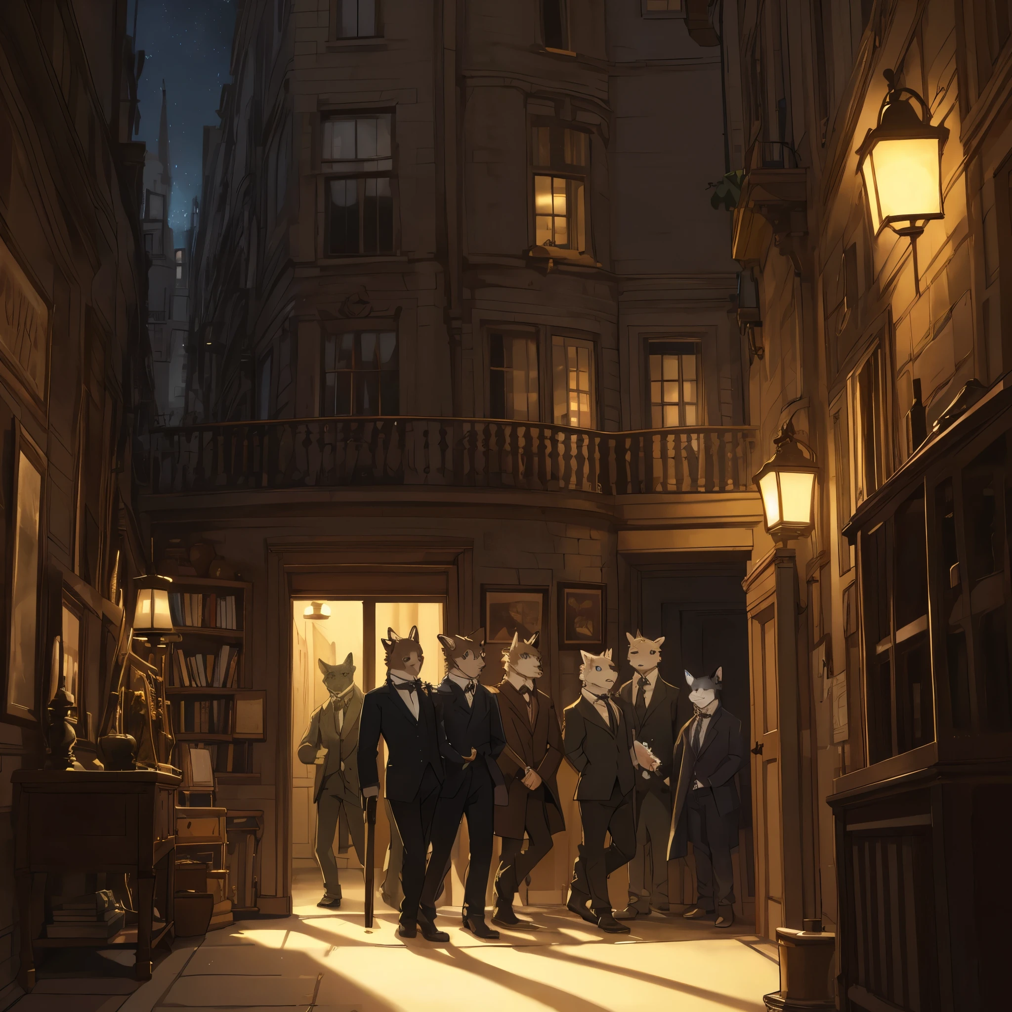 top quality, best quality, High-quality illustrations, masterpiece, super high resolution, detailed background, Sherlock Holmes’ sharp gaze and thoughtful expression, The relaxed discussion at the Walker’s Club, Details of antiques and books in Holmes’ apartment study, Tense moment of Dr. Watson feeling for the gun on the table, Contrast of gas lamp’s light and shadows on London’s night streets, Baker Street 221B entrance door and doorstep decor, Recreation of the Triumph stage, Holmes and Watson progressing vividly, 6+boys, 6+girls, absurdres(highly detailed beautiful face and eyes)perfect anatomy, expression, good lighting, cinematic shadow(kemono, furry anthro)assorted poses, dynamic angle,
