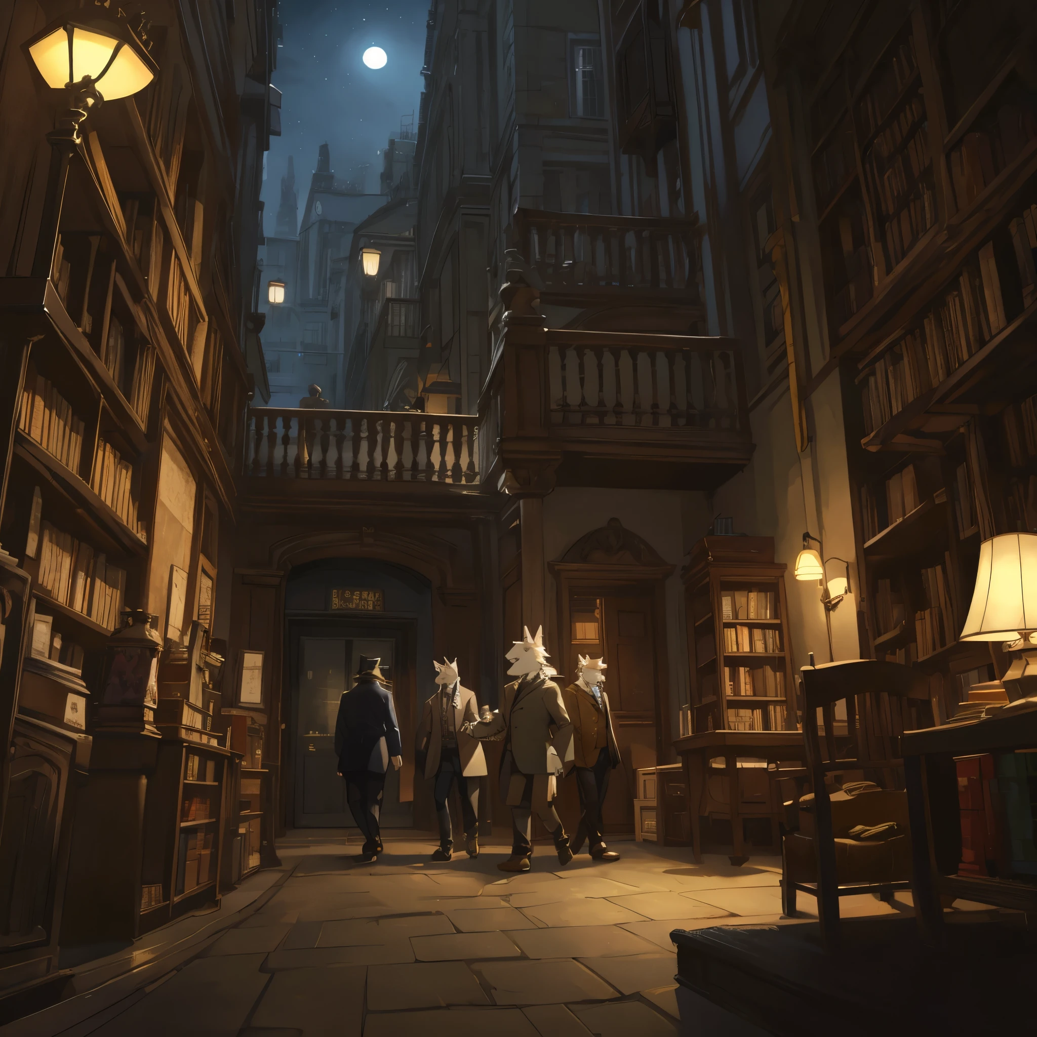 top quality, best quality, High-quality illustrations, masterpiece, super high resolution, detailed background, Sherlock Holmes’ sharp gaze and thoughtful expression, The relaxed discussion at the Walker’s Club, Details of antiques and books in Holmes’ apartment study, Tense moment of Dr. Watson feeling for the gun on the table, Contrast of gas lamp’s light and shadows on London’s night streets, Baker Street 221B entrance door and doorstep decor, Recreation of the Triumph stage, Holmes and Watson progressing vividly, 6+boys, 6+girls, absurdres(highly detailed beautiful face and eyes)perfect anatomy, expression, good lighting, cinematic shadow(kemono, furry anthro)assorted poses, dynamic angle,