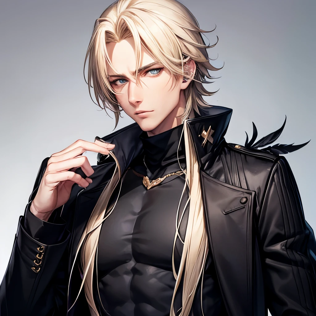 appearance :
- Handsome pretty boy
- Long, loose blonde hair
- black turtleneck compression shirt
- black coat with a feather on the side
Personality :
- gentleman
- gentle
- aloof
- manipulative
- carefree