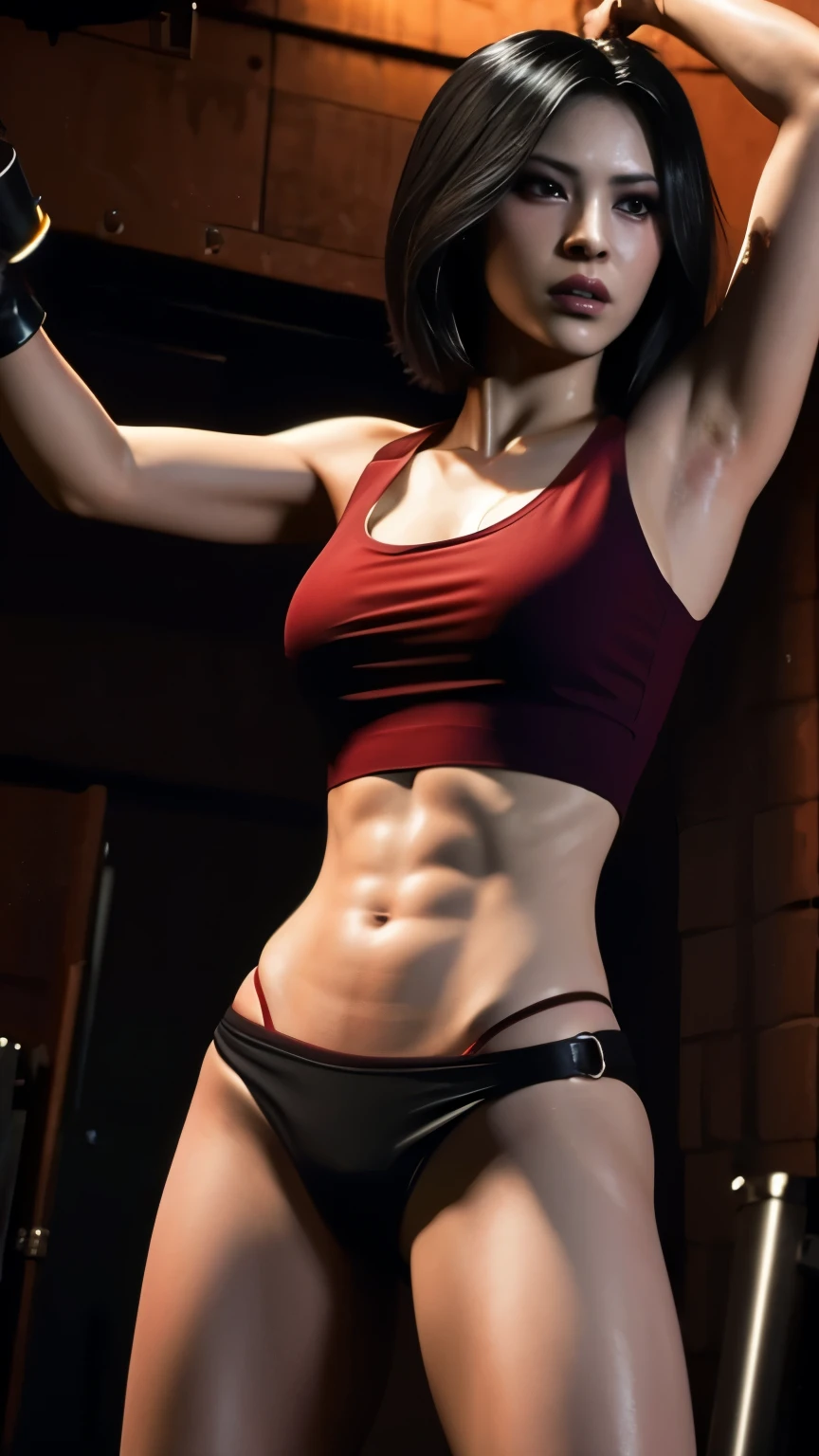 (masterpiece, highest quality:1.2, whole body), 1 girl, alone, lean body, thighs, feet, abs, groin, Wedgie, fighting in sweat, Blood stains all over the body,
