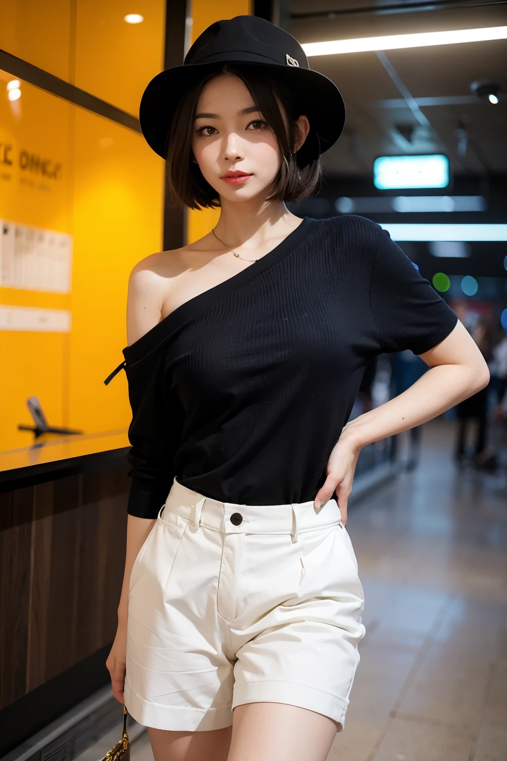 Realistic ,Tomboy with short hair and a hat ,bank backdrop
