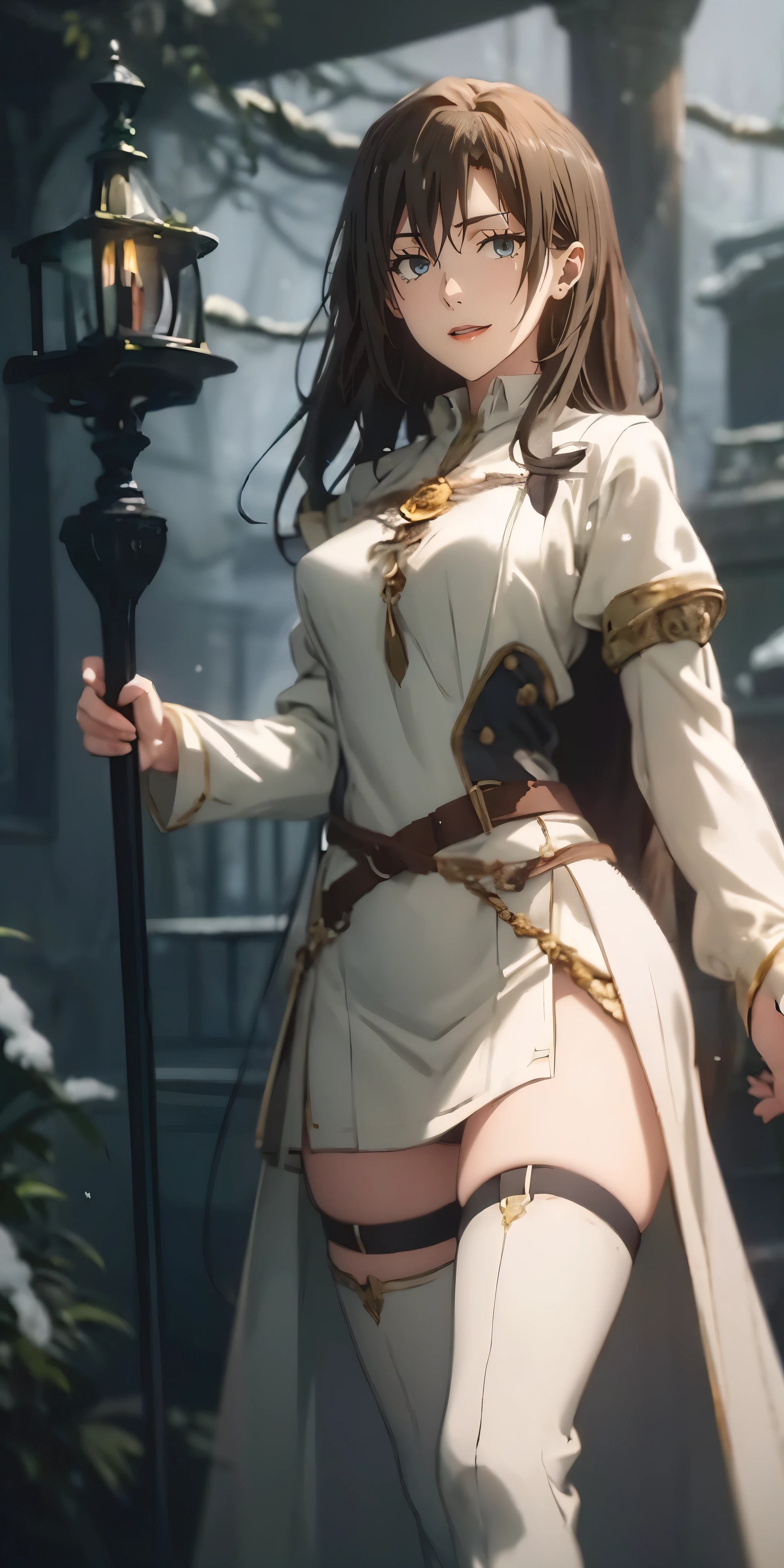 sensei, long hair, black hair, blue eyes, anatomically correct, best quality, masterpiece, high quality, high details, highres, HD, (shaded face:1.2), hollow eyes, dark-blue eyes, looking at viewer, Masterpiece, close up, medieval setting, fantasy world, magical, forest, dark, snow, woman, innocent, cute, mage, soft expression, curious look, green eyes, medium length hair, light brown hair, white mage clothing, thighs, thigh high boots, short green cowl, standing, holding staff