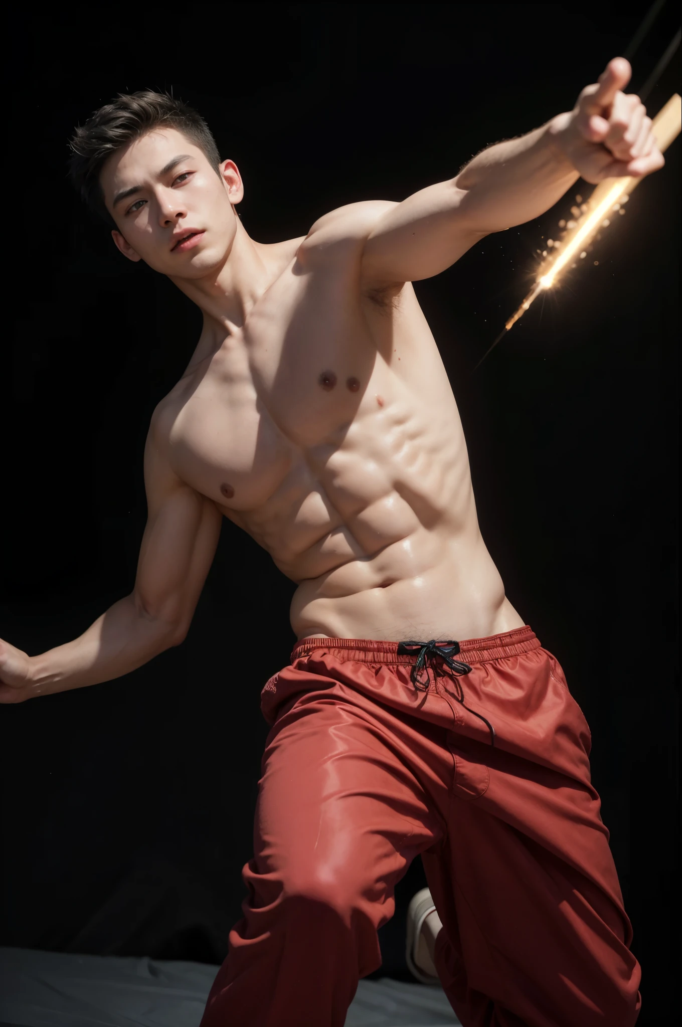 Masterpiece ,The young man returned his body., His abdominal muscles were tight.. black cloth pants red sash Red Dragon Fist Dance, Red Dragon Tattoo, There was a glowing light around him, jumping and kicking.. sweaty The most realistic picture very detailed ,Behind it was the shadow of a demon with ,Shot with a DSLR camera, Super 35 HDR, Light according to the volumetric technique,High detail 8K,---Auto---S2,style raw