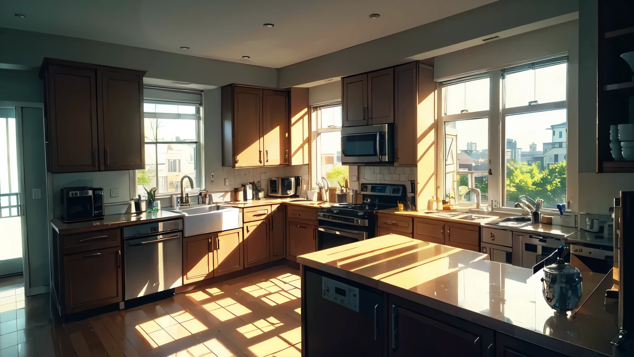 background, anime, soft shadows, kitchen, sunlight coming through the window, masterpiece, detailed contours, beautiful line art, the city can be seen in the window, dining table in the middle of the kitchen, cabinets, kitchen utensils on the table, sink near the wall, no people