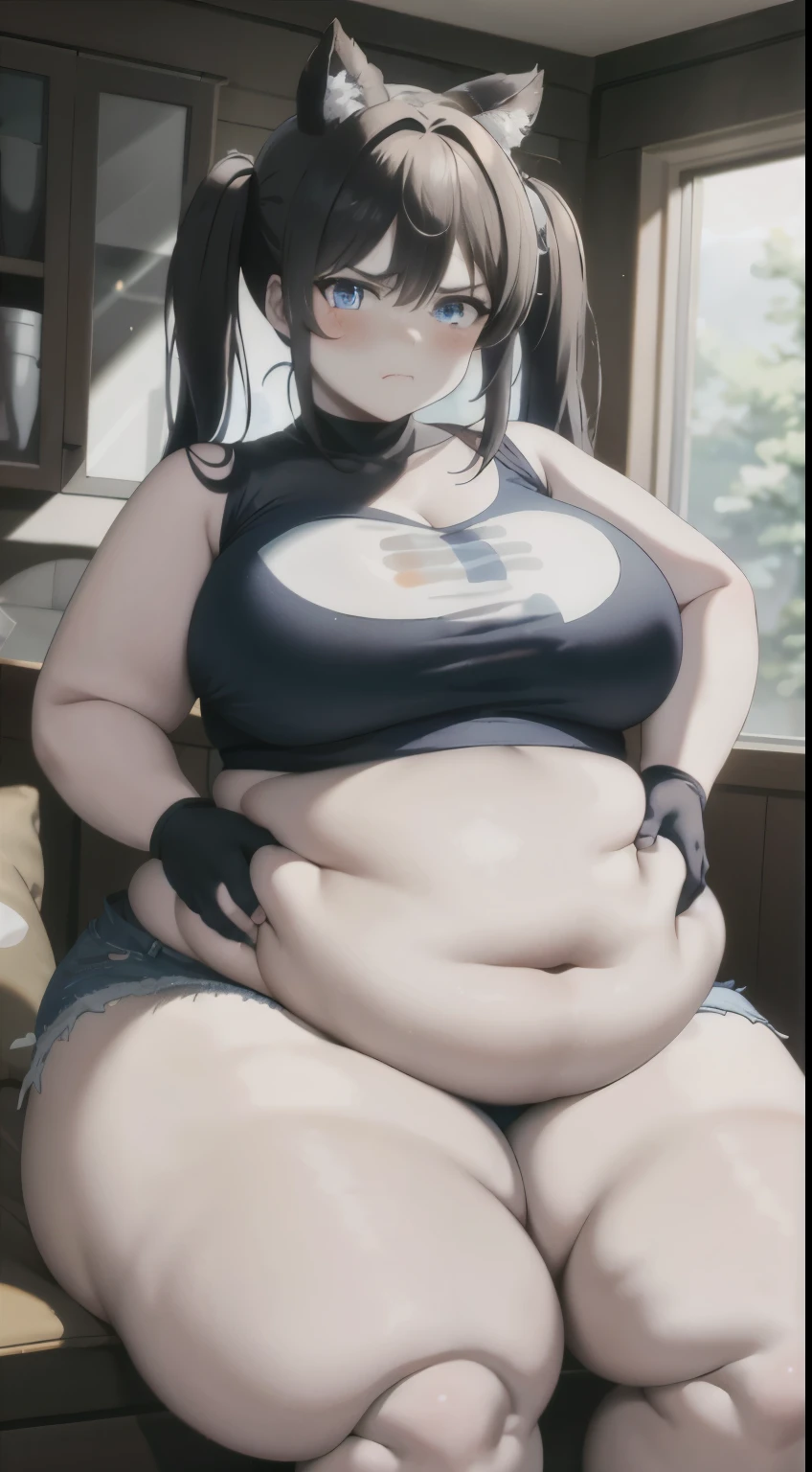 masterpiece, best quality, highres, videl2, solo, blue eyes, black hair, twintails, black gloves, bike_shorts, bangs, white shirt, badge, large breasts, large thighs, cowboy shot, frown, hand on hip, wide hips, wide waist, sitting, SSBBW, fattened up, blush, full of milk