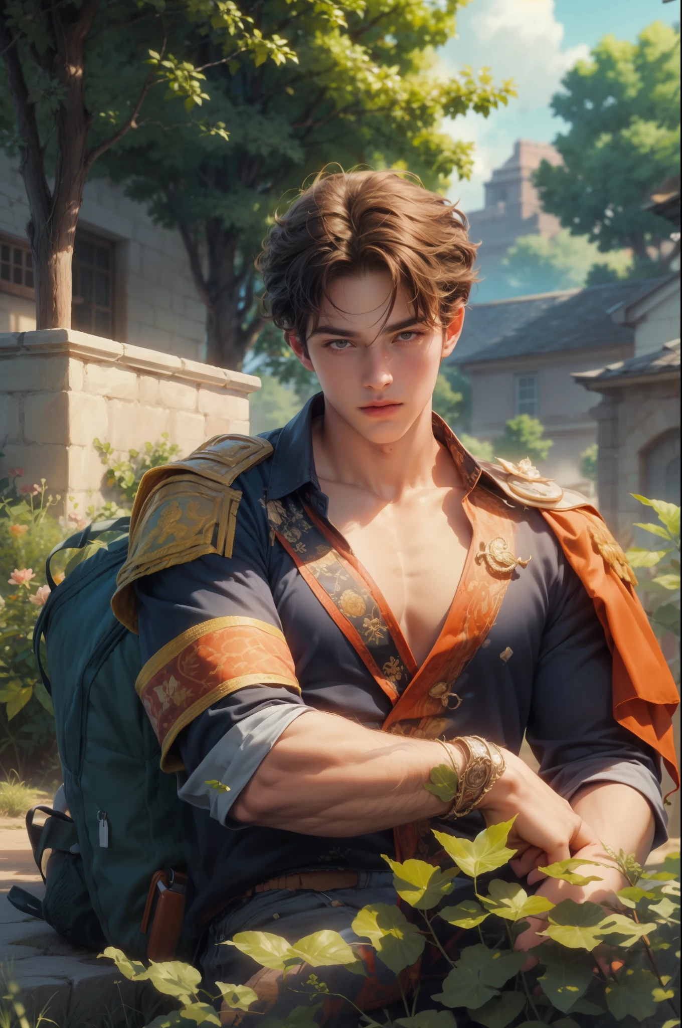 High resolution masterpiece best quality portrait close-up, handsome boy, perfect face, short hair, detailed outfit, detailed background scenery
