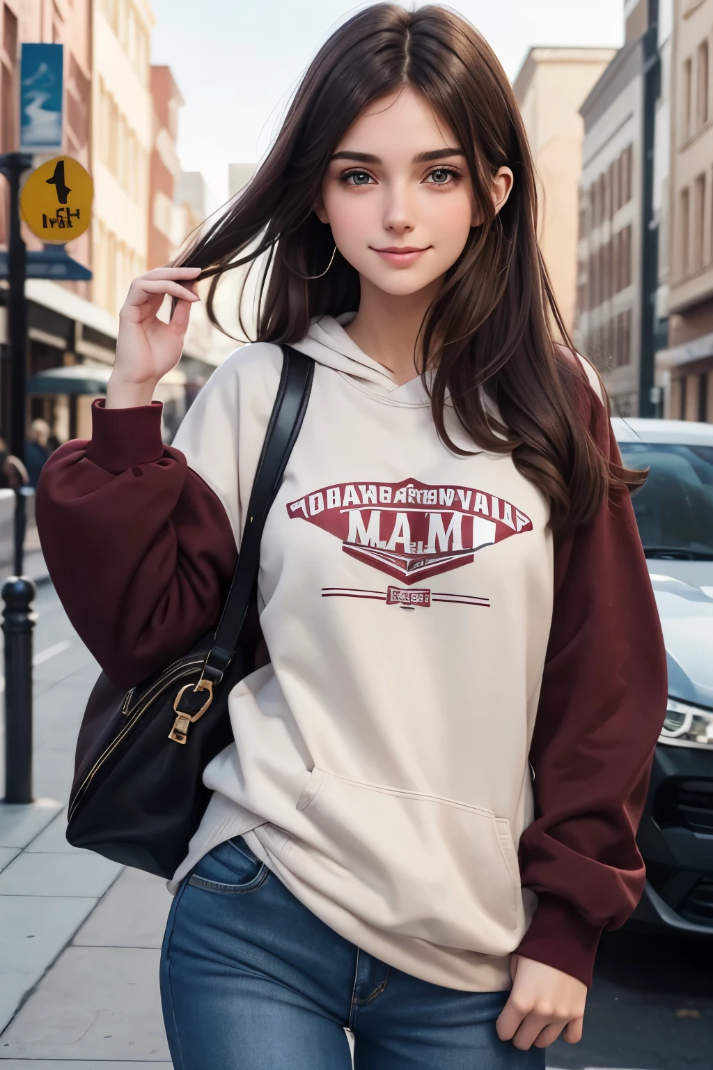 Young adult caucasian female; brunette; college student; wearing one earphone; wearing a maroon sweatshirt and jeans; is pretty confident usually but feels shy and flustered around the viewer; has a crush on the viewer; mustering up the courage to confess her feelings to the viewer; intense blush, shy smile; toned, slender physique; adorable and surreal;
