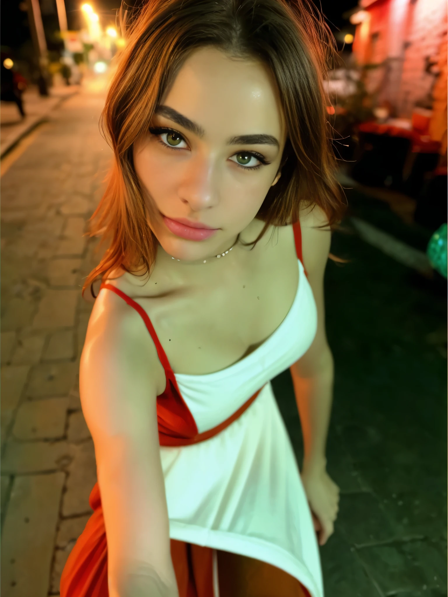 (selfie shot, from above:1.4), (half body postrait:1.4), RAW uhd portrait photo of a 18-year-old blonde (blue-eyed woman) walking down a dark alleyway, natural breasts_b, nighttime city background, ((red sundress): 1.5), (cleavage), detailed (textures!, hair!, shine, color!!, imperfections:1.1), highly detailed glossy eyes, (looking at the camera), specular lighting, dslr, ultra quality, sharp focus, tack sharp, dof, film grain, (centered), Fujifilm XT3, crystal clear, center of frame, cute face, sharp focus, street lamp, neon lights, bokeh, (dimly lit), low key, at night, (night sky) detailed skin pores, oiled skin, tan, intricate eye detail