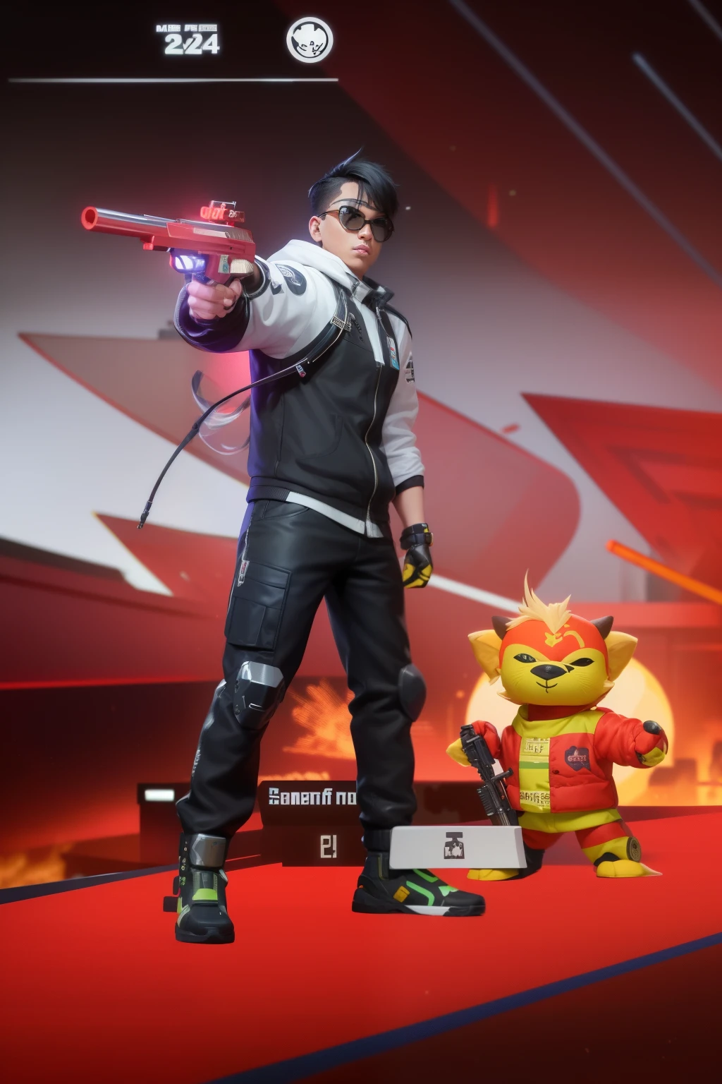 a close up of a person holding a gun in a video game, in the style of sifu 🔥 😎 🕹️ 👀 :2, discarded mechsuit in background, chrome outfit, mechanic punk outfit, saints row fursuit tails mod, as a character in tekken, clear outfit design, fashion gameplay screenshot, new character, lunar themed attire, gameplay screenshot with ui