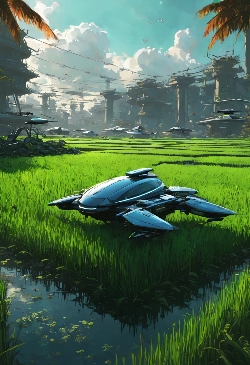 Type of Image: Concept Art Sketch, Subject Description: A futuristic rice paddy with advanced agriculture drones flying overhead, Art Styles: Cyberpunk, Art Inspirations: Syd Mead, Camera: fish-eye, Shot: POV, Render Related Information: detailed, neon lighting, volumetric light, aesthetic