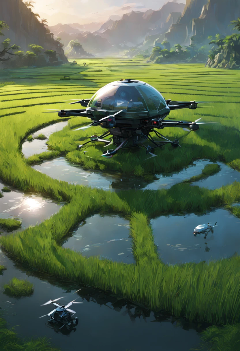 Type of Image: Concept Art Sketch, Subject Description: A futuristic rice paddy with advanced agriculture drones flying overhead, Art Styles: Cyberpunk, Art Inspirations: Syd Mead, Camera: fish-eye, Shot: POV, Render Related Information: detailed, neon lighting, volumetric light, aesthetic