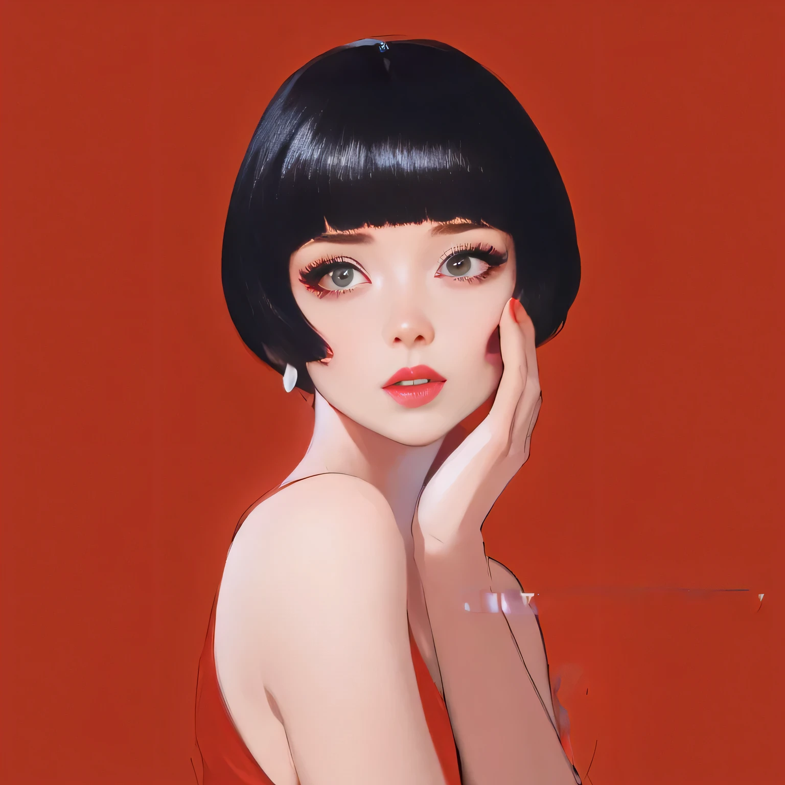 A close up of a woman with a red dress and a black hair - SeaArt AI
