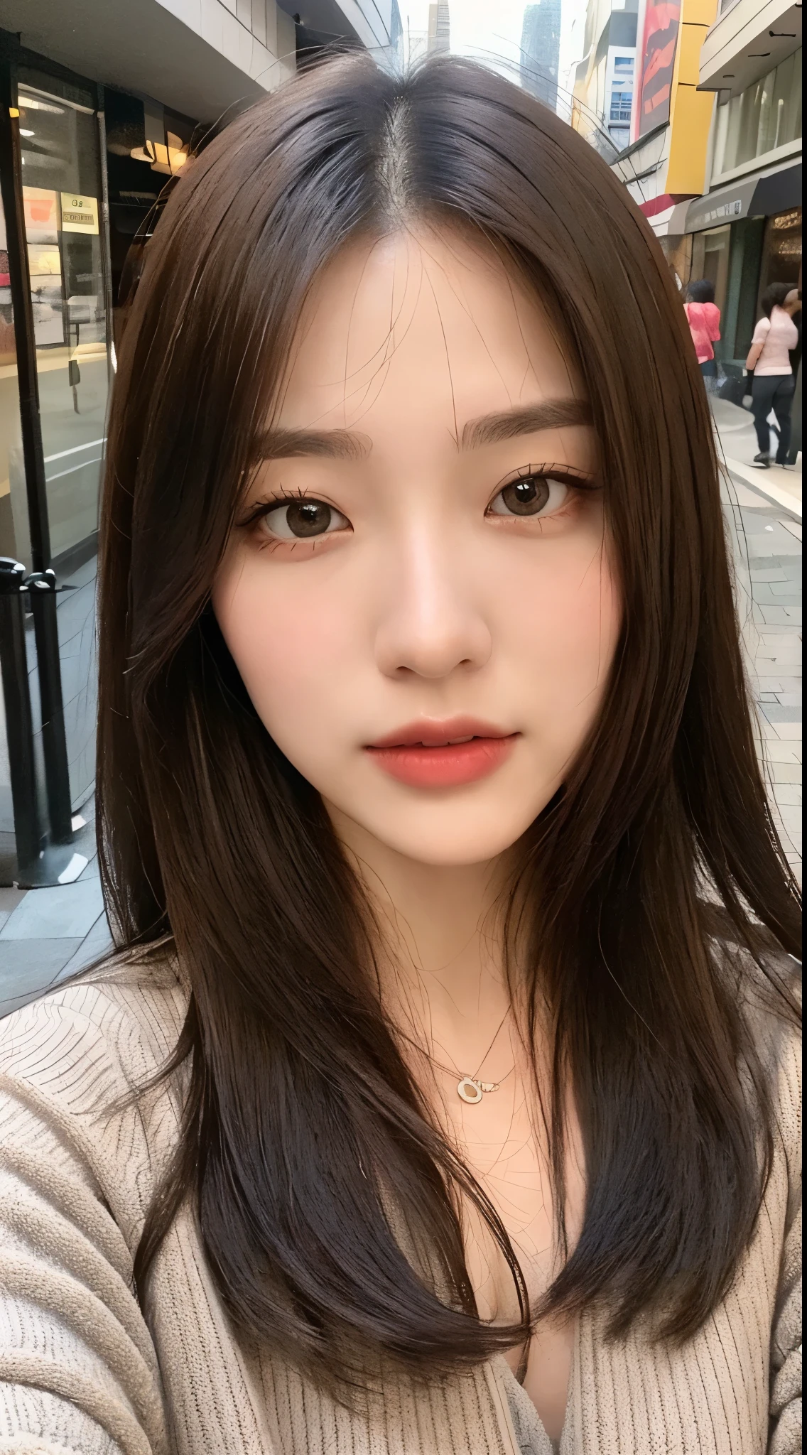 ((Top Quality, 8k, Masterpiece: 1.3)), Sharp Focus: 1.2, Beautiful Women with Perfect Style: 1.4, Slender Abs: 1.2, ((Dark Brown Hair, Big: 1.2)), (Natural Light, City Street: 1.1), Highly Detailed Face and Skin Texture, Detailed Eyes, Double Eyelids, Open Mouth, Gentle Eyes