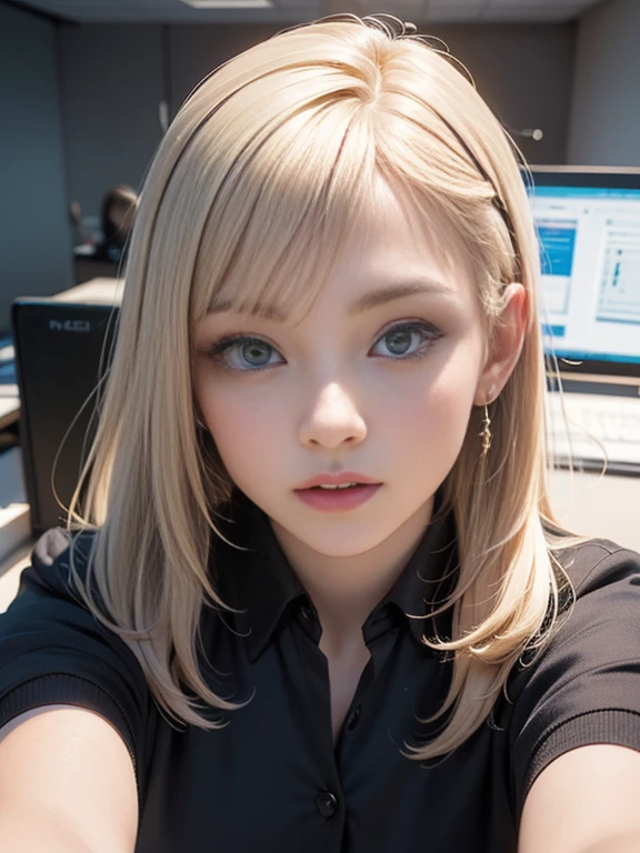 (best quality, 8k, highres, photorealistic:2.0), (solo, one girl:2.0),(lighting: front),(lighting: strong),(ultimate beautiful girl:2.0),(shiny skin),(oily skin),(platinum blonde hair:1.5),Blush brown makeup , dark eye makeup , use pink glossy lipstick,(big eyes girl:1.5),(woman with slender figure:1.5),(Photographed in the sophisticated office of an information technology company:1.8),(elite business woman:1.8),(girl amazing sex appeal:1.5),(ultimate eleance),(ultimate erotic),(Career woman who can work very well),(I'm so absorbed in work that I don't have a boyfriend),(woman not interested in love),(I'm not interested in fashion),(I wear accessories that do not interfere with my work.),(she has no love experience at all),(she feels alone),(She is not good at talking to men),(she is shy and silent),(I don't want to stand out and I'm concerned about people's attention),(She has a dark personality and negative thoughts.),(she suffers from depression),(She has many complexes and has no one to rely on.),(wearing business clothes),(She has a hobby that she cannot tell anyone about, and that is masturbation.)