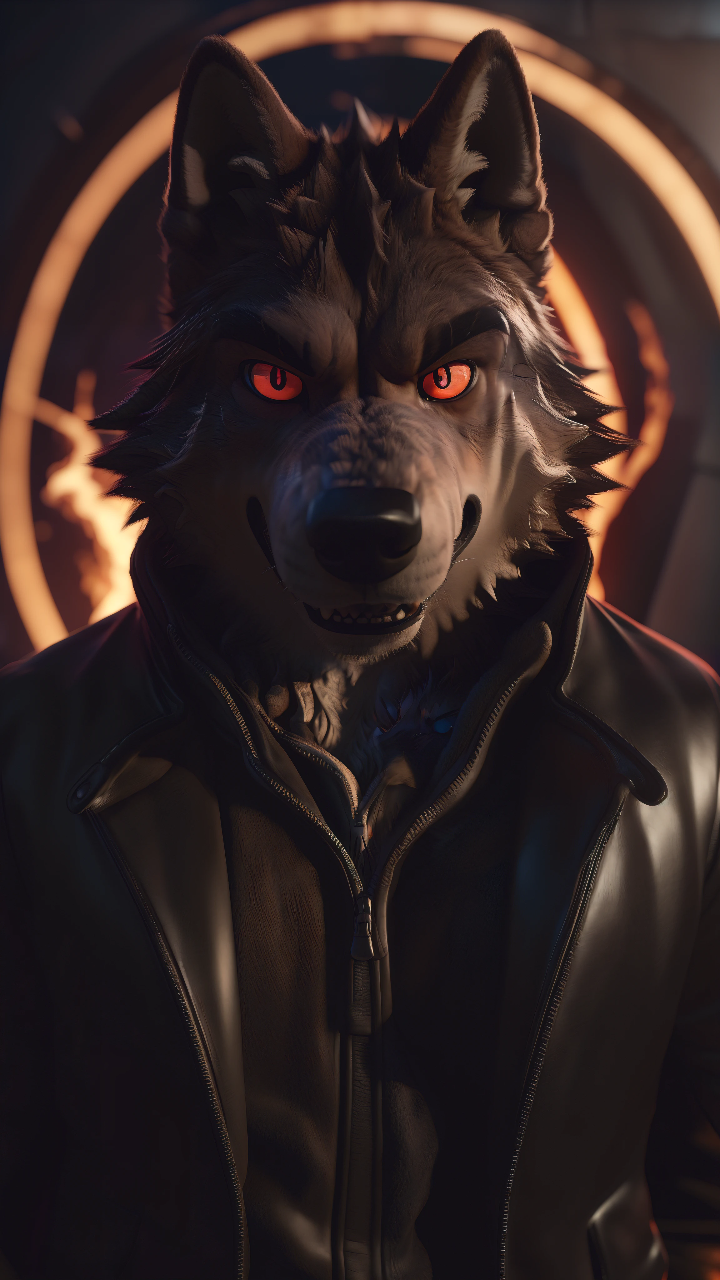 (best quality,4K 8k,highres,masterpiece:1.3),ultra-detailed,(photorealistic:1.37),(dark lord Orochi Mr. Wolf) Wearing a black jacket, a blue shirt and a black hoodie looking into the viewer's soul Expression of serious glowing red eyes on a dark Fire background Red Moon Cinematic style 5D ultra HDR 62K 