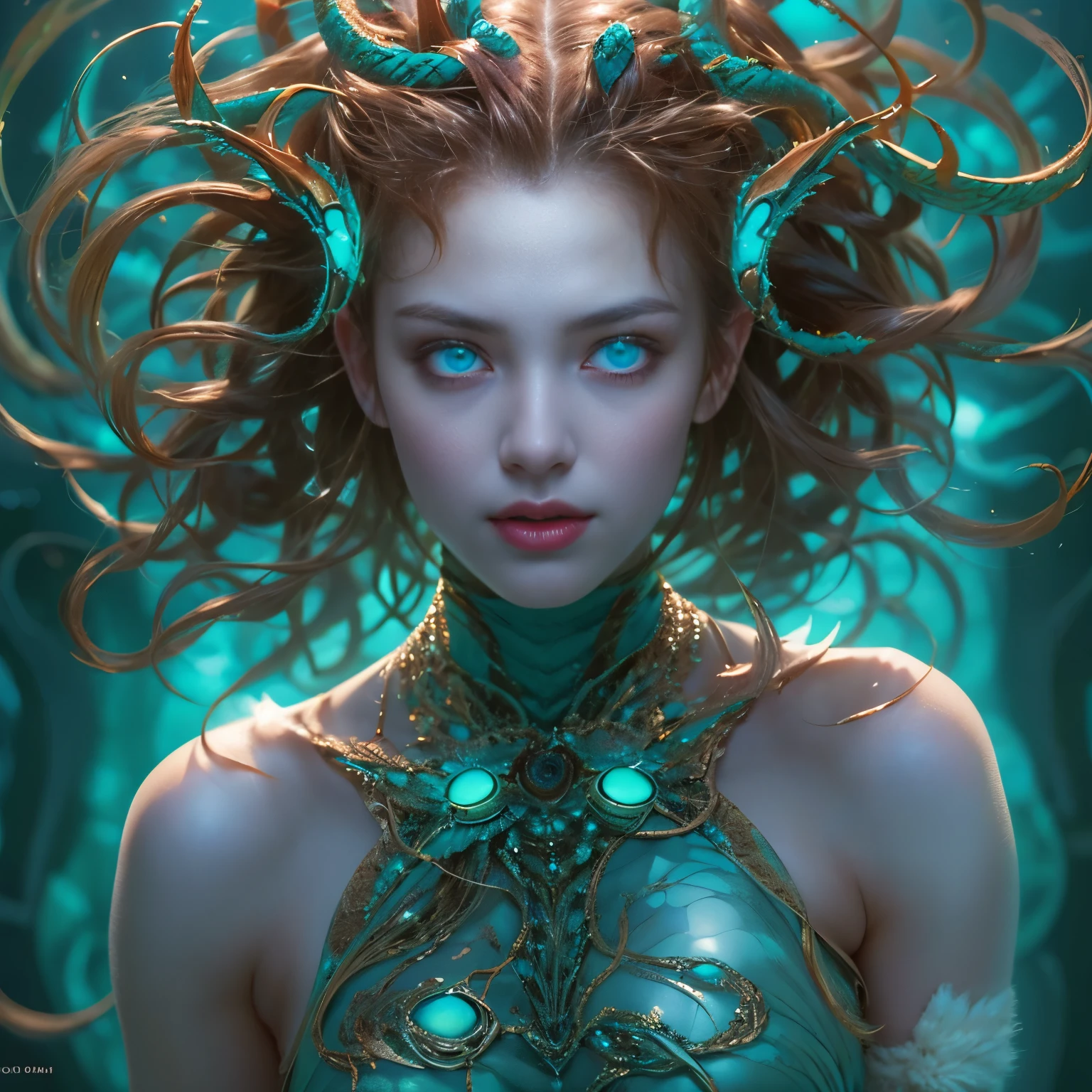 (1 female medusa-like mutant: 1.2), With a beautiful, enchanting face, this alien seduces us with her allure. Her captivating red eyes gleam brightly, reminiscent of burning embers. Her full body is unlike any human's, boasting a sexy, otherworldly form. No humans are present in this scene as she stands alone, her cells fused in a unique and intriguing extraterrestrial way.
(extraordinary beautiful nude photo:1.4), (glowing Turquoise eyes:1.5), (sexy and glamorous:1.1), (coquettish expression:1.2), toned lean body, (muscular:1.2), (beautiful abs:1.5), beautiful nipples, She has lots of iridescent translucent tentacles instead of her hair, pale skin, (white skin with prominent veins:1.3),
Lots of iridescent translucent tentacles adorn her body, shimmering under the dramatic lighting. Her pale skin, with a hint of translucency, adds to her ethereal allure. This masterpiece, rendered in, (There is a female genital-like organ in the middle of the forehead:1.6),