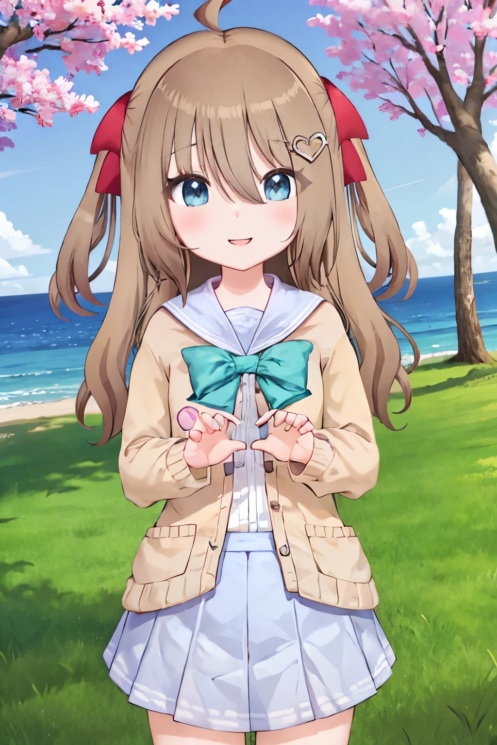 (masterpiece), (ultra-detailed), best quality, 8k, 1girl, neuro-sama, solo, looking at viewer, standing, looking at viewer, portrait, brown cardigan, bowtie, sailor collar, ahoge, cherry blossoms, blue eyes, sky, outdoors, smile, heart hair ornament, two side up, (heart hands:1.2), blue skirt, white shirt, serafuku, open chest