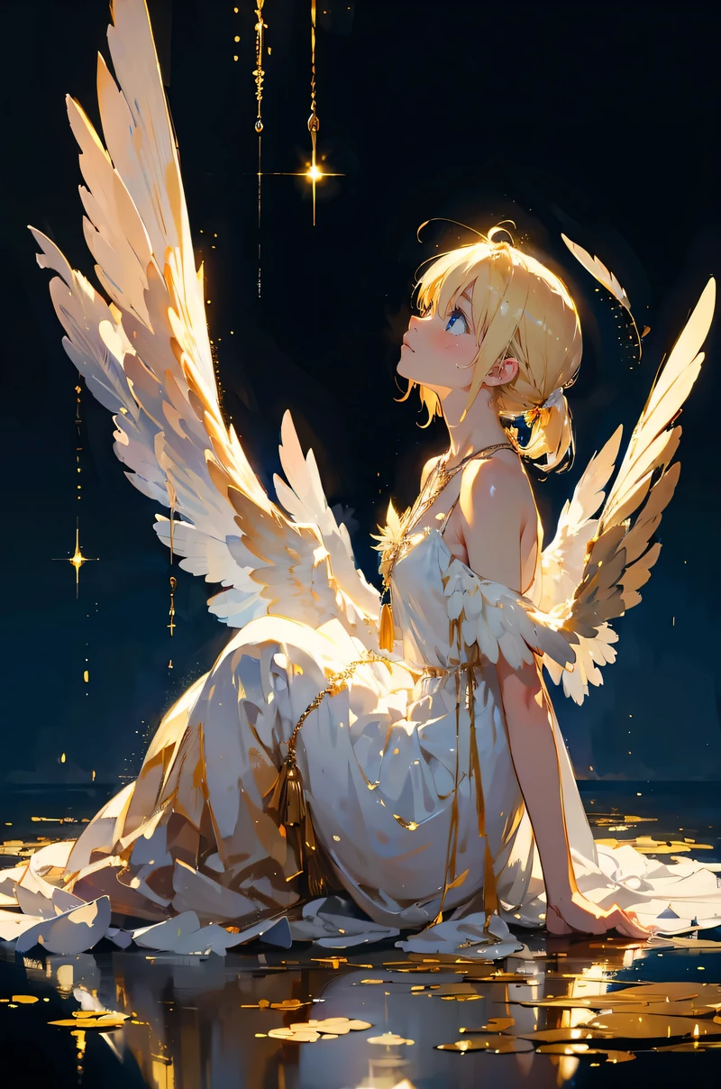 oil painting,side profile,blonde hair ,fallen angel,big white feather wings, naked , gold necklaces ,blue eyes ,depressed ,looking up ,sitting on the floor ,anime style,hd formal, fancy, sparkle,simple background,black envoirment