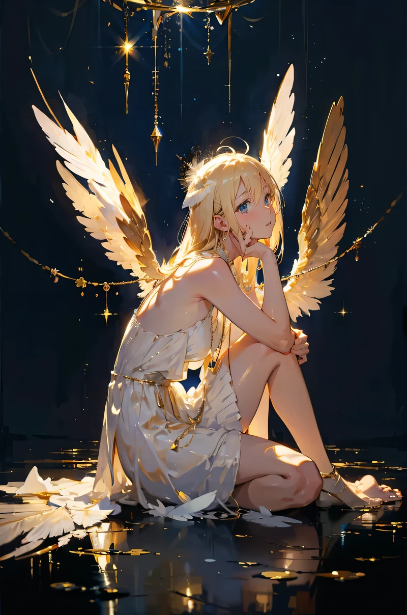 oil painting,side profile,blonde hair ,fallen angel,big white feather wings, naked , gold necklaces ,blue eyes ,depressed ,looking up ,sitting on the floor ,anime style,hd formal, fancy, sparkle,simple background,black envoirment