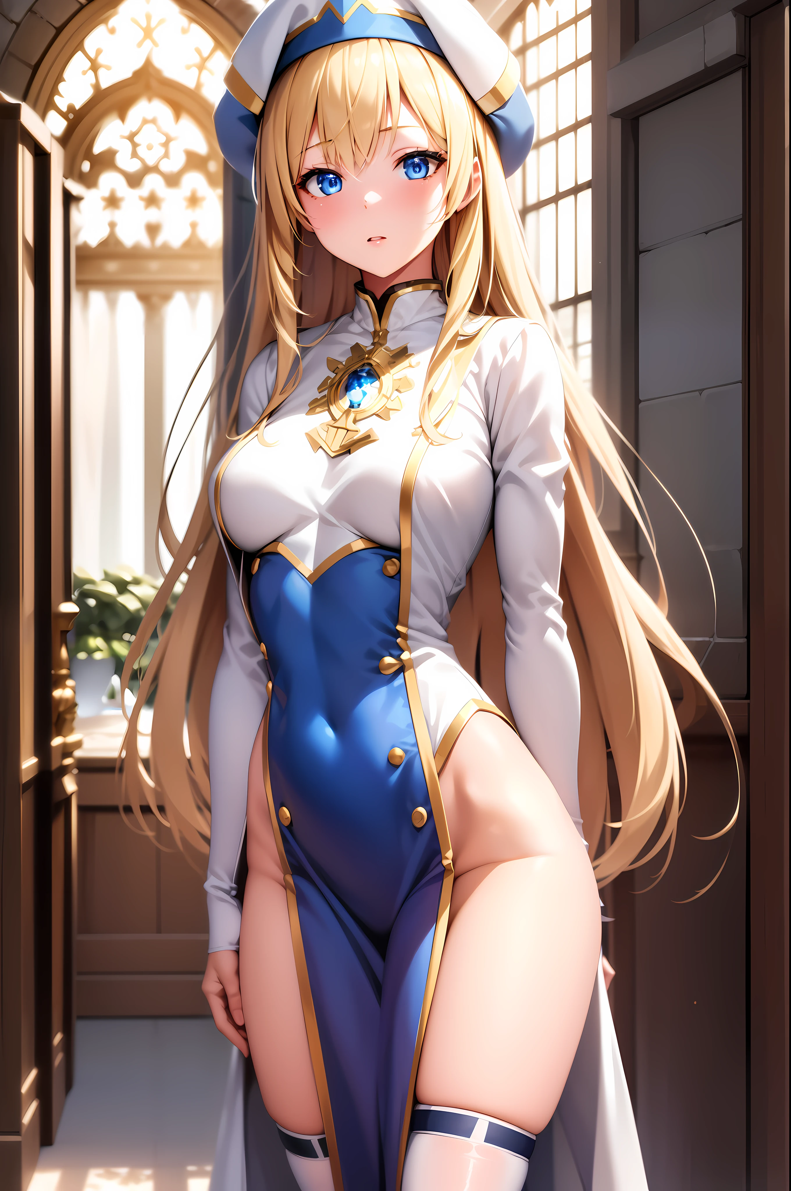 best quality, masterpiece, 1 woman, (alone:1.1), ray tracing, very detailed,detailed face, 8k wallpaper, wide hips, PriestessNDV, 1 woman, blonde hair, blue eyes, medium chest, long hair, White dress, White headwear, thighs, have,  inside, ,(sexy), standing , (White_stockings) , detailed bare hands 